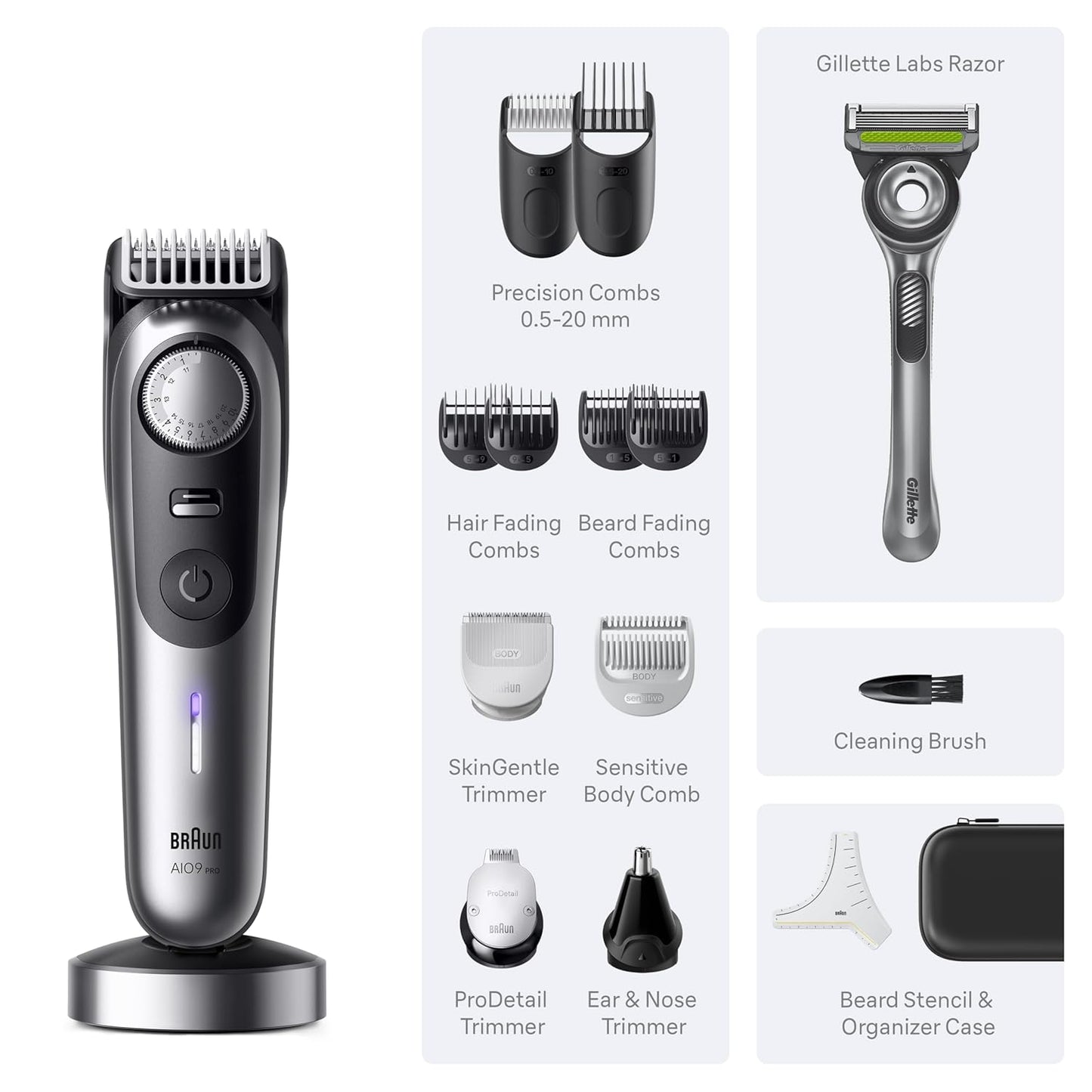 Braun Series 9 PRO All-in-One Beard & Body Grooming Kit for Men, Cordless Trimmer, Hair Clippers & Shaver for Face, Hair & Body with Gillette Labs Razor, AIO 9570