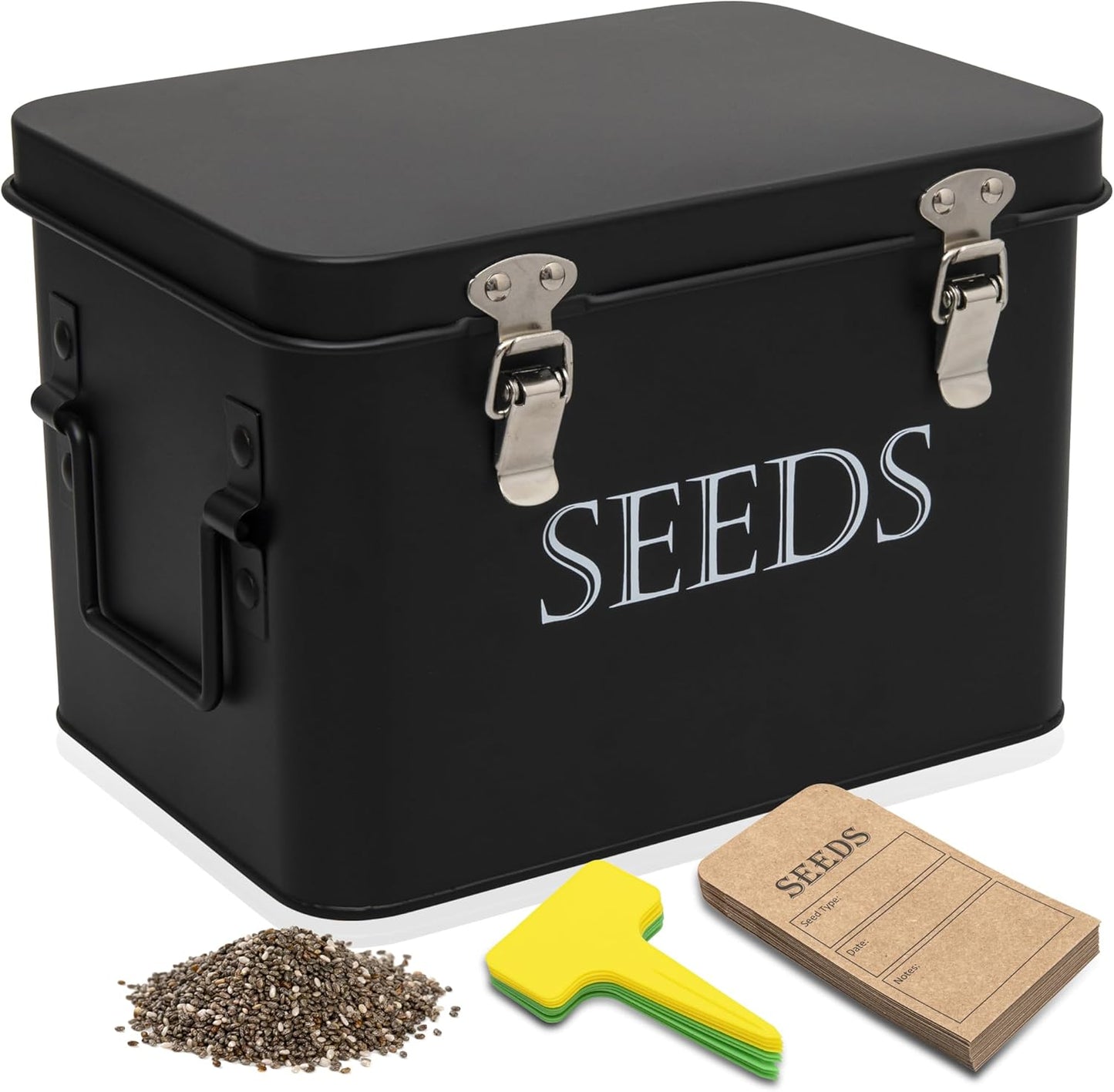 Garden Seed Storage Box with Dividers Seeds Packet Organizer Case for Gardening 3 Inner Slot Bird Plant or Vegetable Seed Container Saver Tin – Black Galvanized Metal with Envelopes & Labels