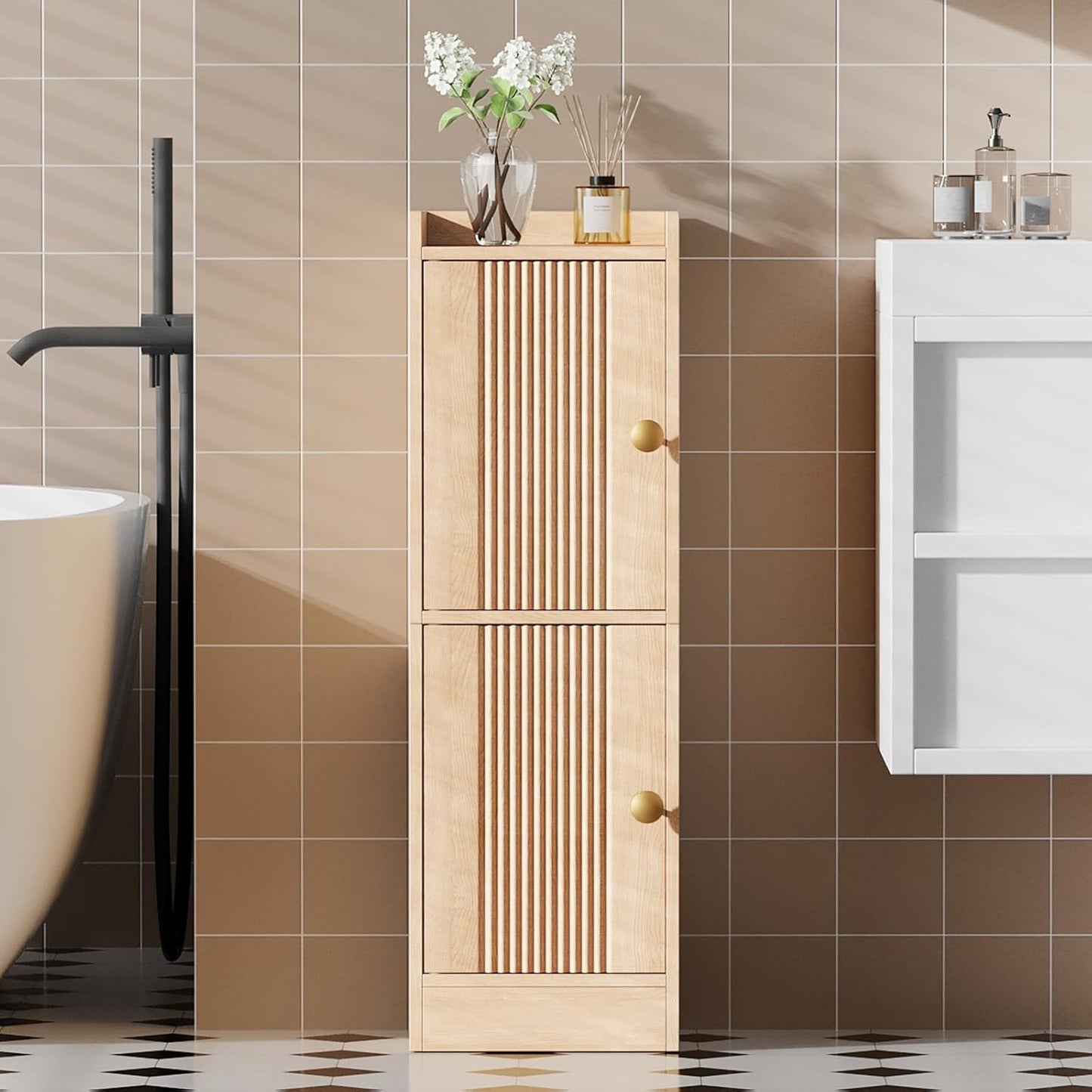 HOOBRO Small Bathroom Storage Cabinet, 9.8" W x 7.9" D x 30.7" H Small Cabinet for Bathroom with Doors, Farmhouse Floor Cabinet with 2 Adjustable Shelves, Narrow Toilet Paper Cabinet, Natural