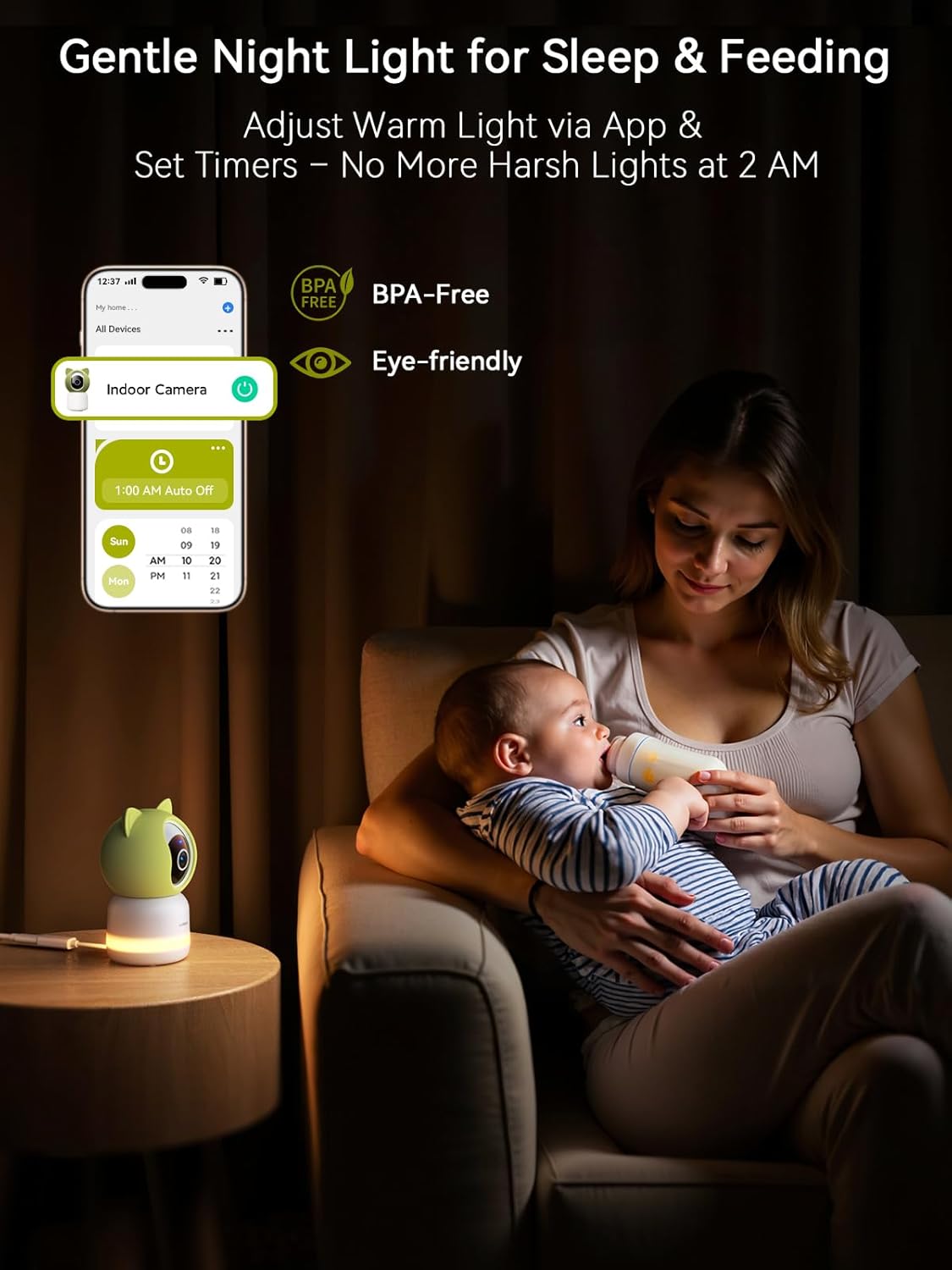 Outinput Baby Monitor with Camera and Audio, 2K 4MP Indoor Security Camera for Home, 360° PTZ, AI Crying & Feeding Alerts, Night Vision with Gentle Light, Soothing Lullabies, 2-Way Audio
