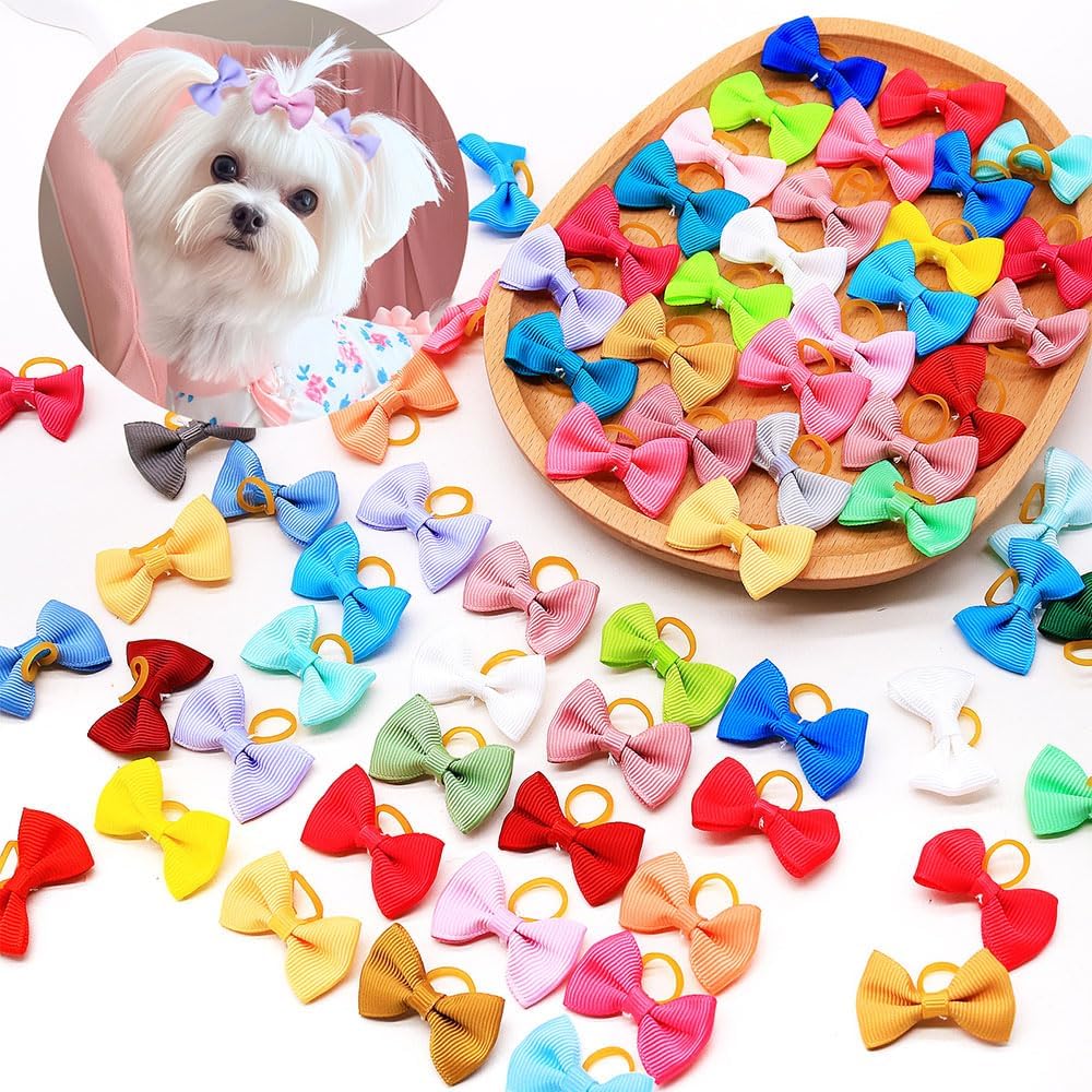 100Pcs(60 Colors) Pure Color Dog Bows with Rubber Bands Small Handmade Topknot Hair Bows for Doggie Puppy Cat Bunny Yorkie Pet Hair Grooming Accessories