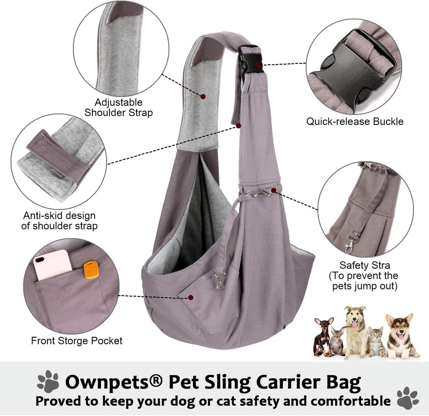 OWNPETS Pet Sling Carrier, Pet Sling Carrier Bag Safe,Fit 10~15lb Cats&Dogs, Comfortable, Adjustable, Perfect for Daily Walk, Outdoor Activity and Weekend Adventure
