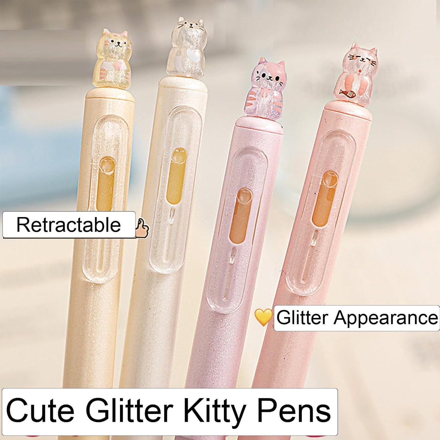 4 Pcs Cute Retractable Pens Cat Gel Pens Gliiter Aesthetic Pen 0.5mm Fine Point Black Ink Smooth Writing Kawaii Cartoon Kitty Pen for Women Girls Office School Supplies (4Pcs Gliiter Cat)