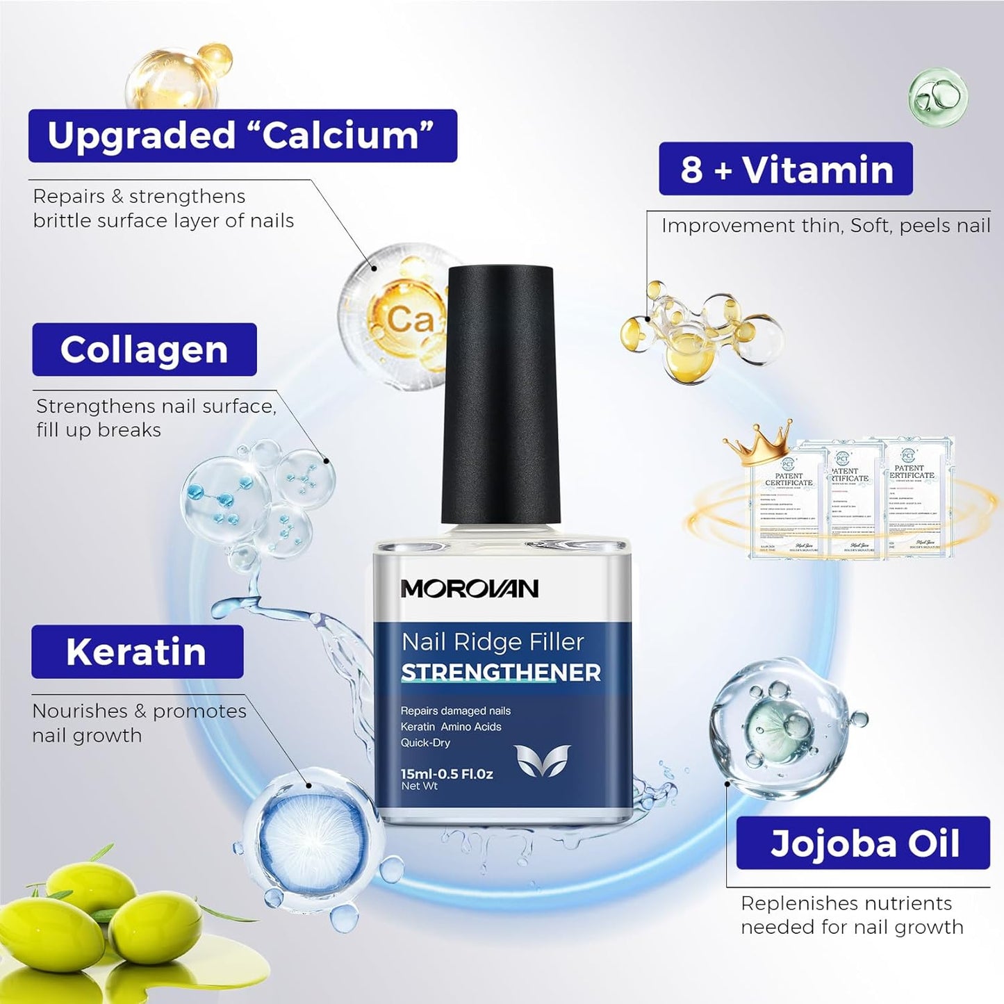 Morovan Nail Strengthener and Growth: Natural Keratin Repair Milky White Nail Polish Hardener & Ridge Filler Treatment for Damaged Nails, Nail Concealer and Essential Nail Care for women