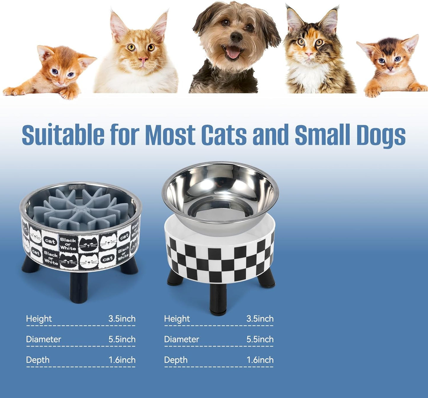 2PCS Elevated Cat Bowls with Slow Feeder, Wide Raised Stainless Steel Cat Dishes Plastic Stand Silicone Slow Food Dispenser, Whisker Friendly Pet Water Food Plates Feeding Station Indoor Cats, Kitten