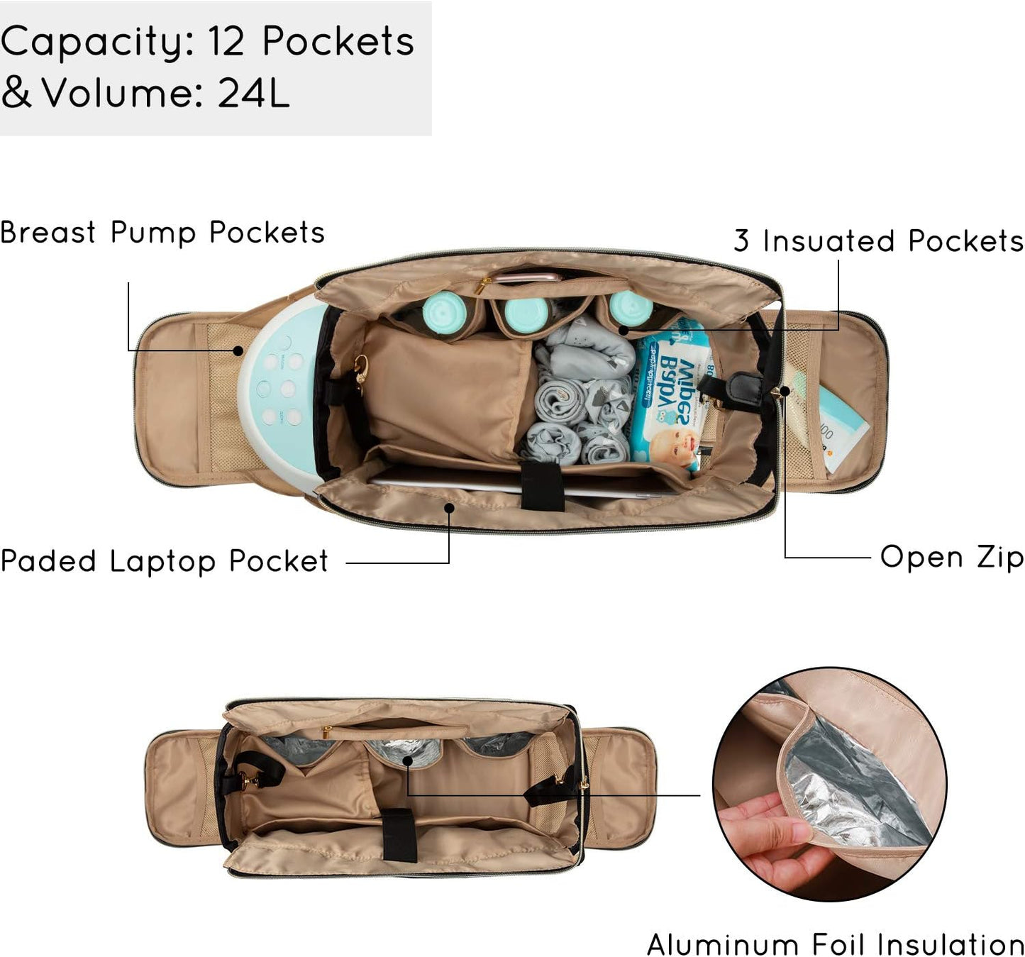 mommore Breast Pump Bag Diaper Tote Bag with 15 Inch Laptop Sleeve Fit Most Breast Pumps Like Medela, Spectra S1,S2, Evenflo