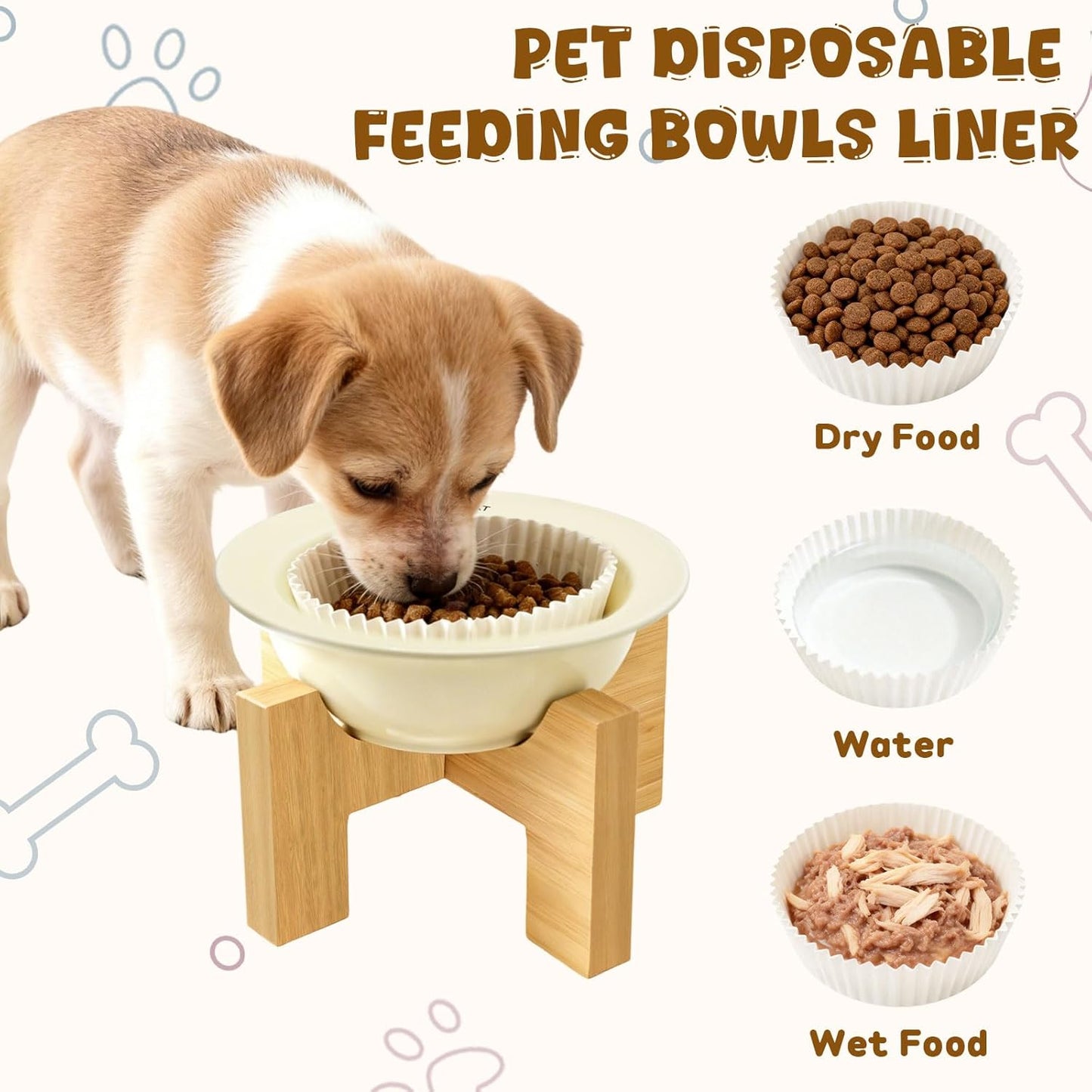 Elevated Dog Bowls Stand for Small & Medium Dogs, Ceramic Dog Bowl with 3.2 inch Bamboo Stand - Anti Vomiting, with 200 Pcs Disposable Feeding Bowls Liner Bulk