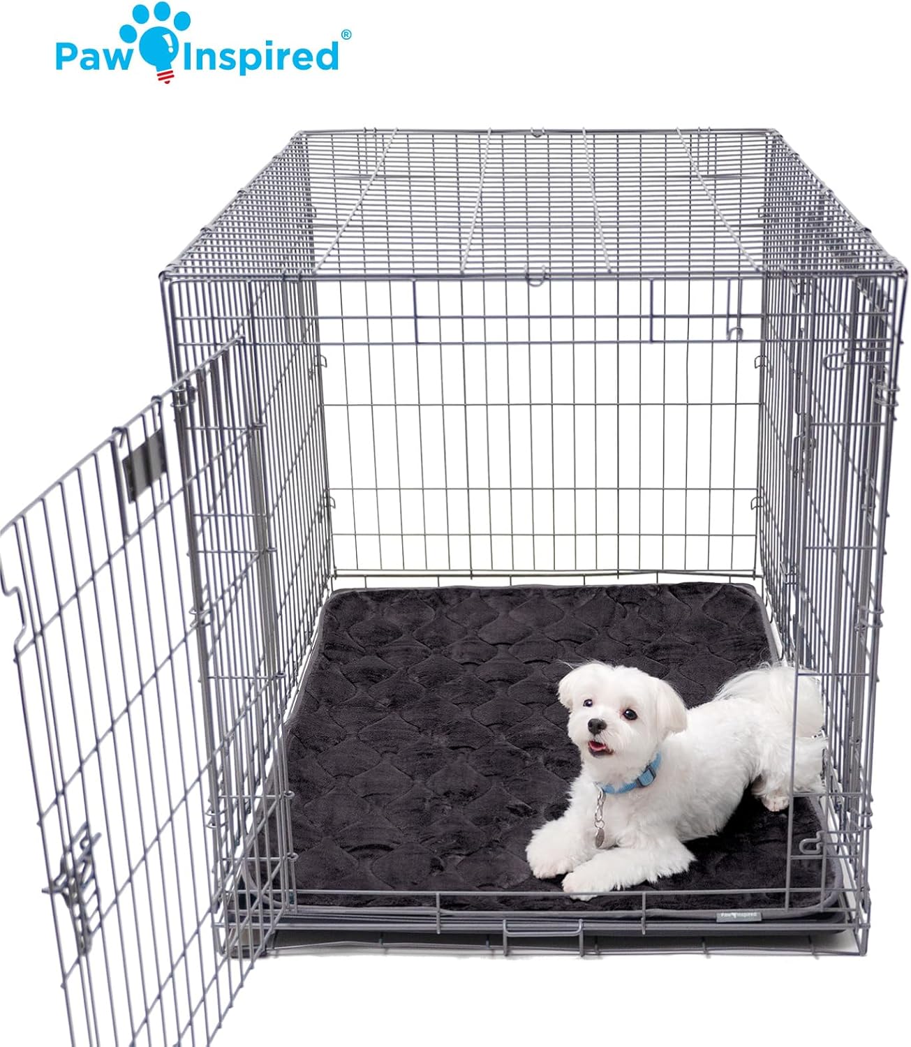 Paw Inspired Washable Padded Crate Mats for Dogs | 41” x 28” Pad, Fits 42-inch Kennels | Leakproof, Waterproof Bottom, Plush Pet Beds (Gray)