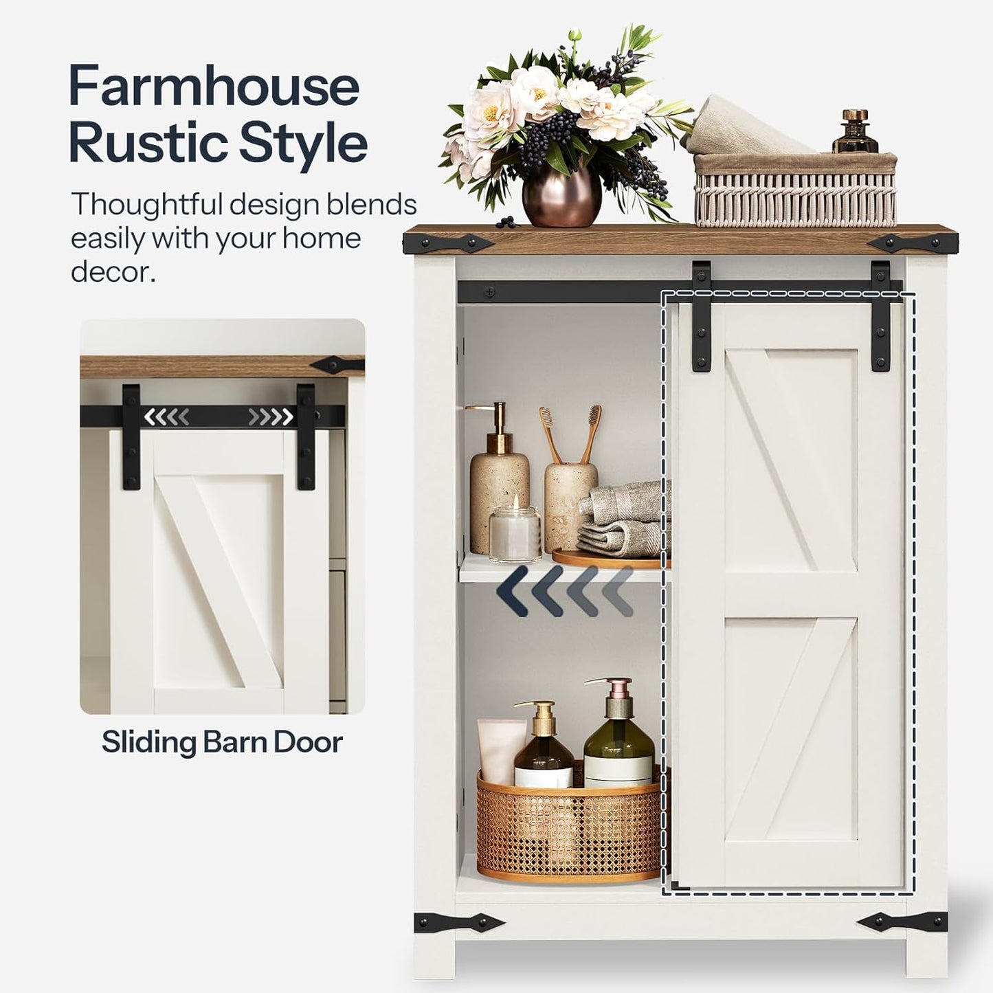 HOOBRO Bathroom Storage Cabinet, Farmhouse Cabinet with Sliding Barn Door, Adjustable Shelf and 4 Drawers, 11.8" D x 23.6" W x 31.9" H, Freestanding for Bathroom, Kitchen, White and Walnut