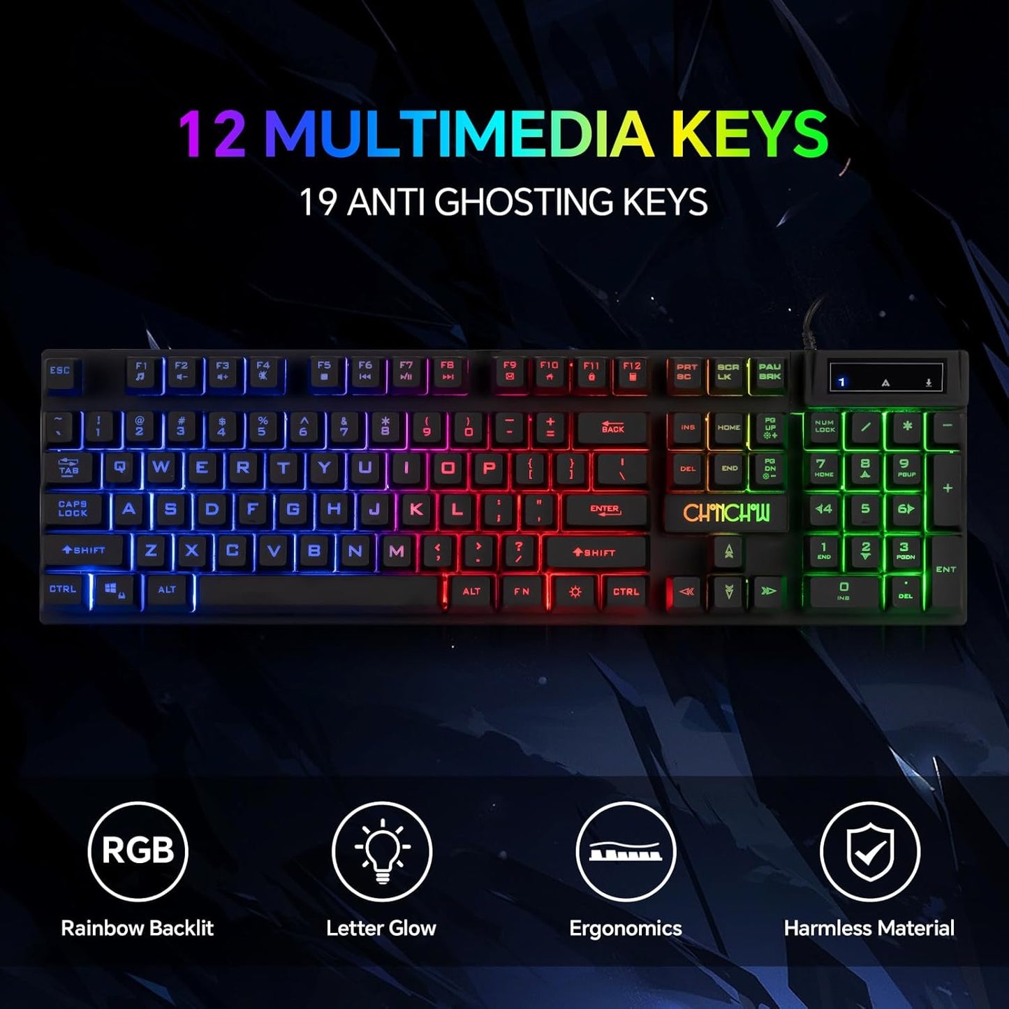 Gaming LED Keyboard Mouse Headset and Mousepad Bundle, CHONCHOW Wired Rainbow LED Light Up Gaming Keyboard Mouse Headset, Value 4 in 1 Game Set for Xbox PS4 PS5 PC Laptop Gamer