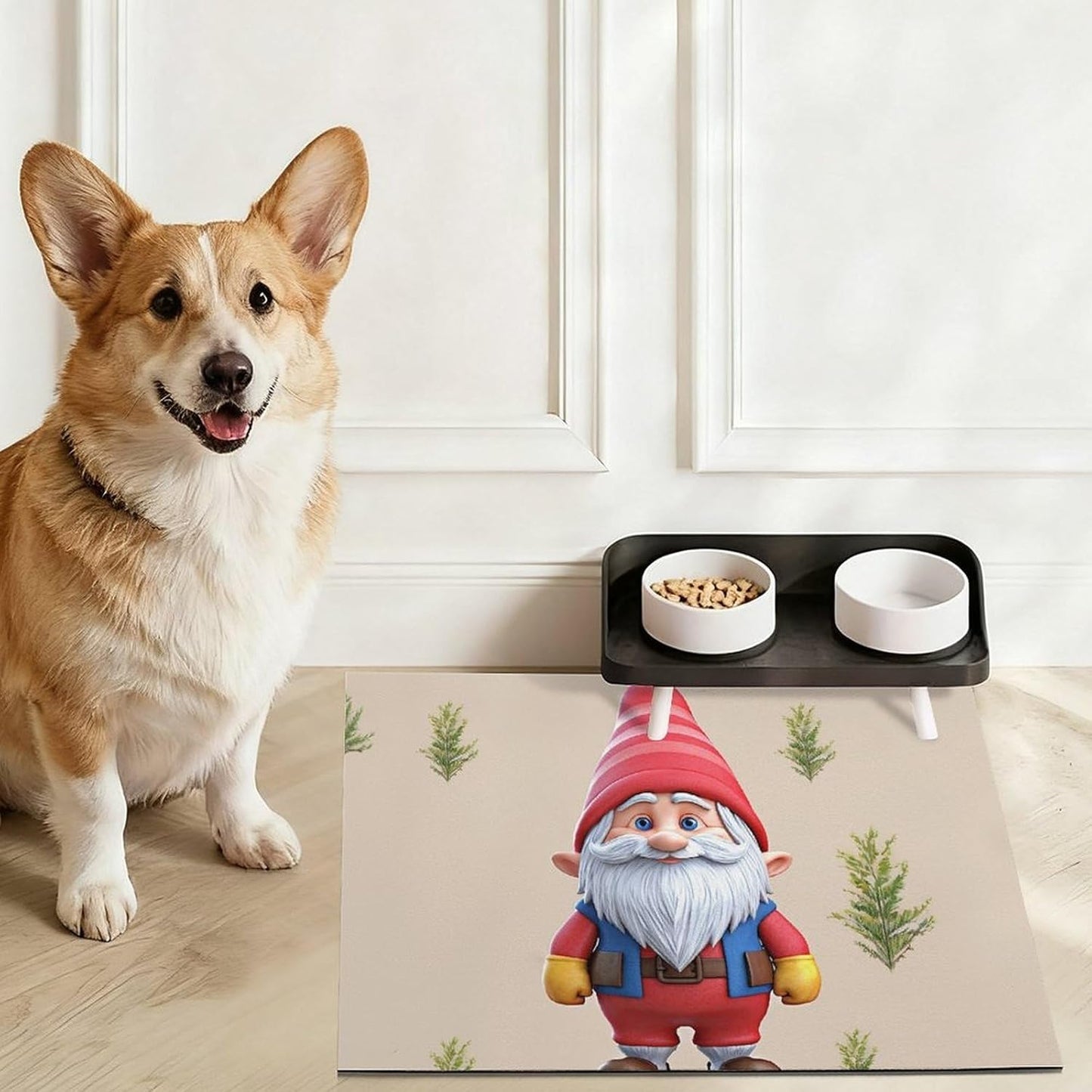 Dog Food Mat Pet Leather Tablecloth Cute Gnome Pet Feeding Mat Anti-Slip Dog Bowl Mats Absorbent Pet Placemats for Dogs Protect Floor Dogs Pad for Food and Water