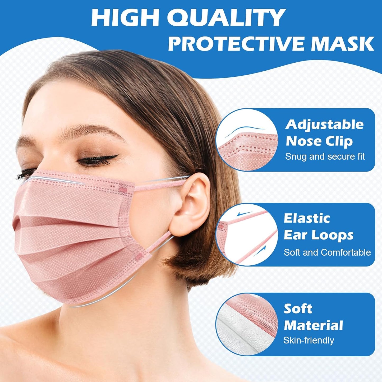 ZIYE 100/500 Pcs Disposable Face Masks, Breathable Mask 3 Layer with Nose Clip Elastic Earloop（Multicolor/Black）