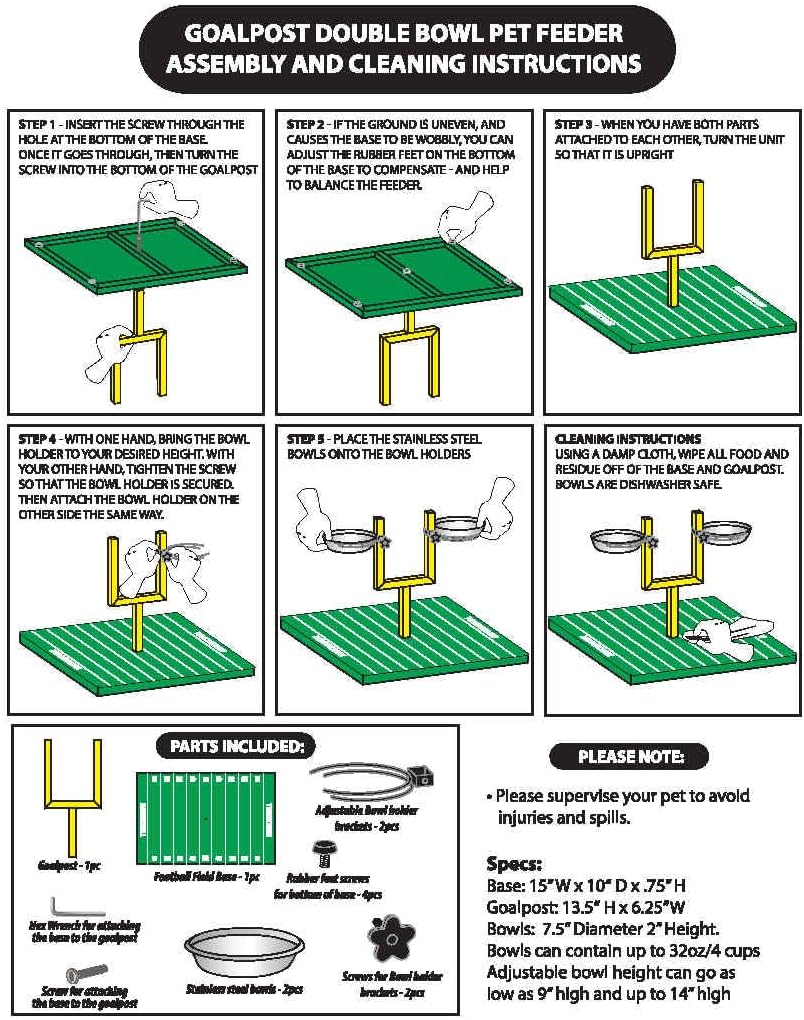 NFL Pittsburgh Steelers Goalpost Football Field Dog Feeder – Adjustable Elevated Dog Bowls with Stand, 2 Stainless Steel Bowls, Non-Slip Rubber Feet, Raised Pet Feeder for Large & Small Dogs, Cats.