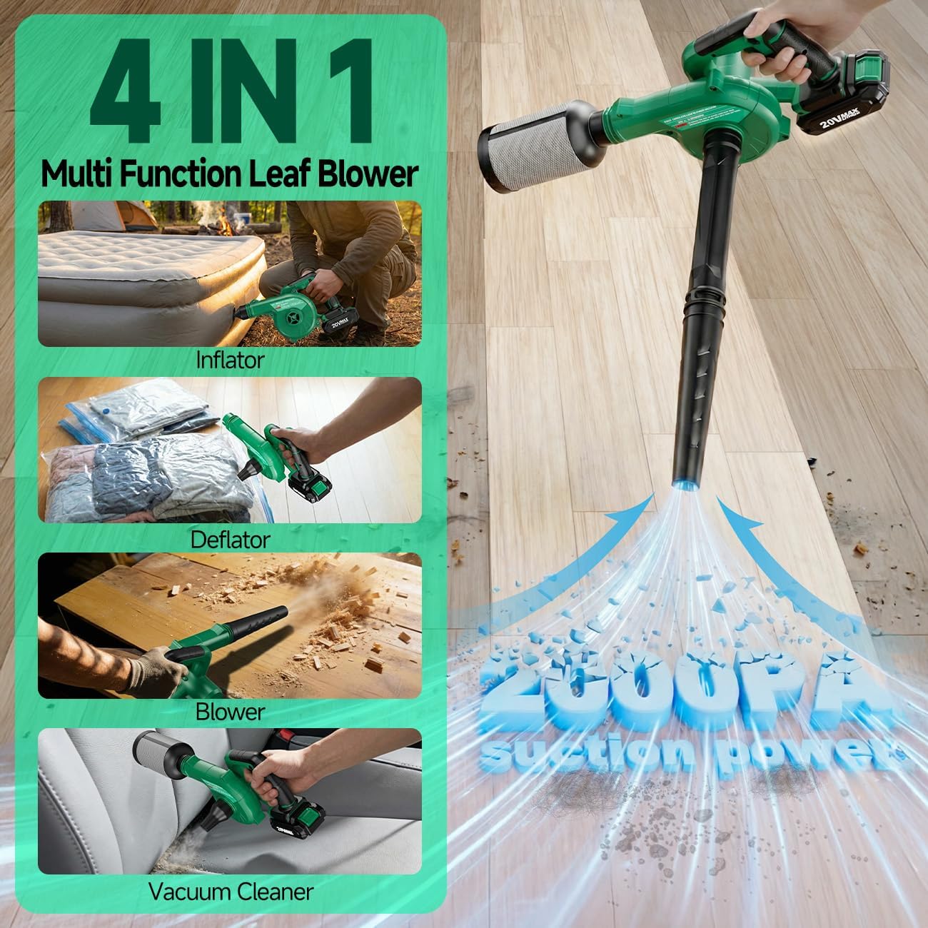 K I M O. Cordless Leaf Blower Vacuum Combo 4 in 1, 3 Nozzles &3 Modes for Inflation & Deflation, Extended Tube & Variable Speed, 20000RPM 150MPH, 2x2000mAh Battery Powered Leaf Blowers for Lawn Care