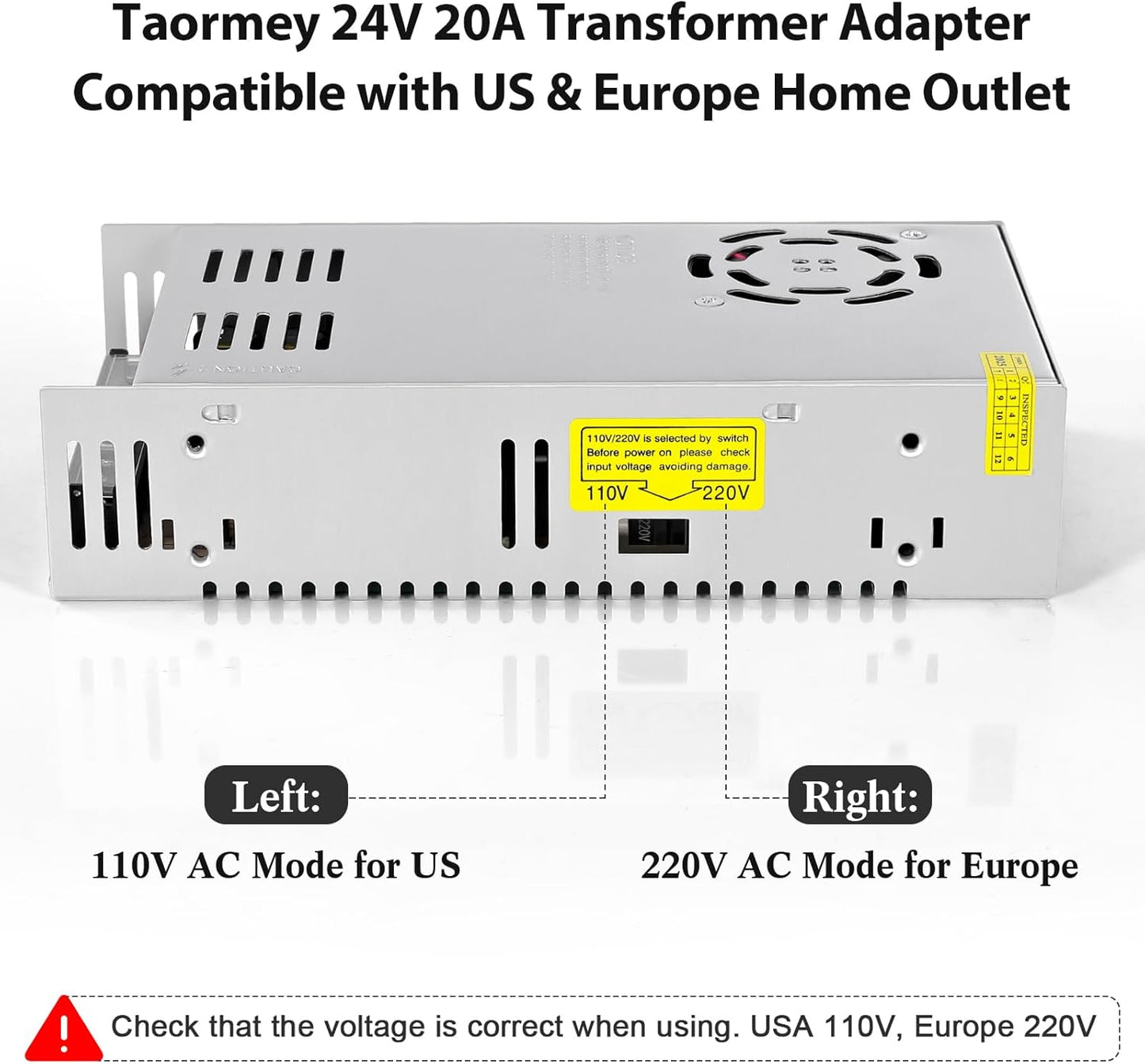 24V 20A Power Supply Adapter, AC 110V/220V to DC 24V 20A 480W Converter Switching Power Adapter Universal Regulated Transformer Driver for LED Strip Light, LED Display, CCTV, Computer Project