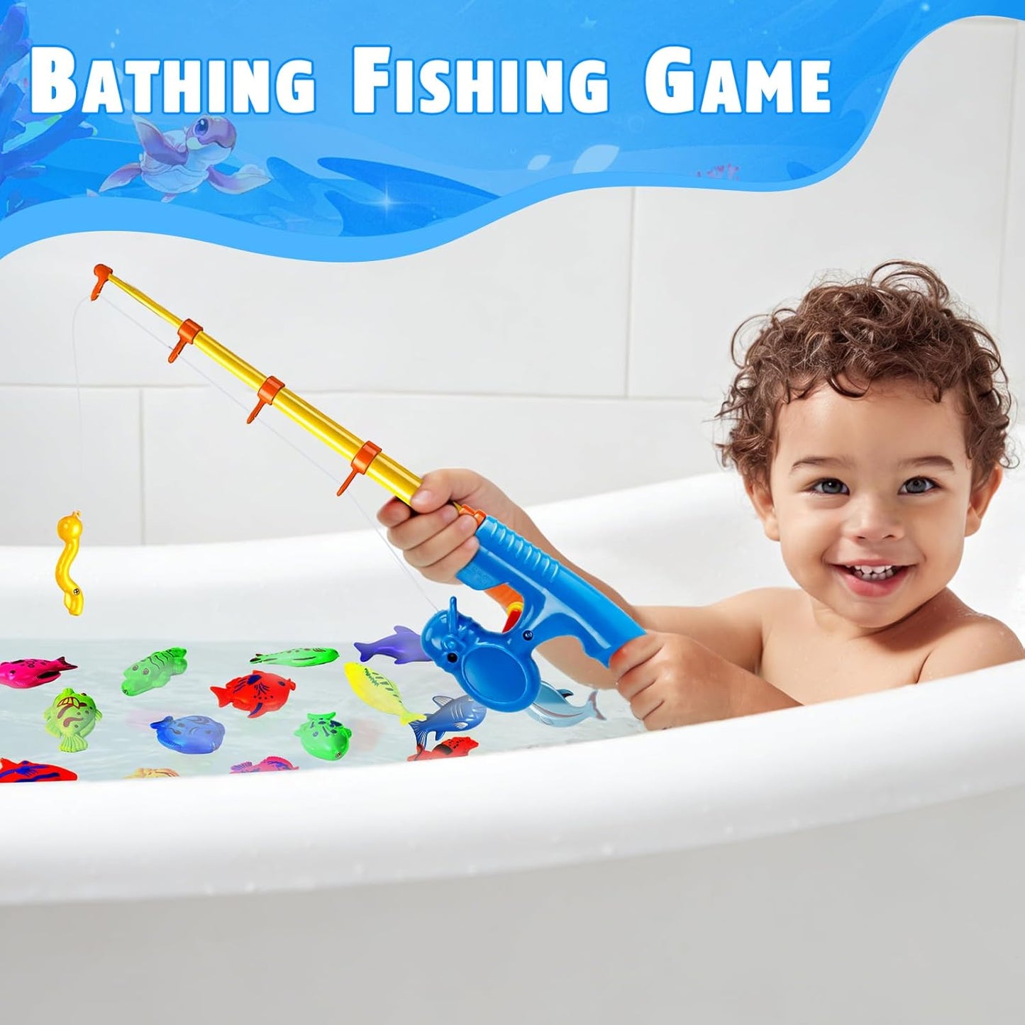 CozyBomB™ Magnetic Fishing Toys Game Set for Kids | Water Table Bathtub Kiddie Pool Party Pole Rod Net, Outdoor Plastic Floating Fish, Toddler Bath Color Ocean Sea Animals Easter Gift Age 3-5 6 4-8