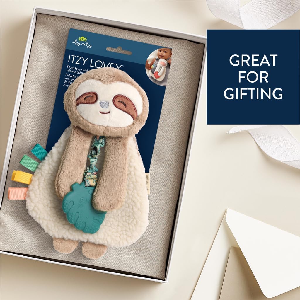 Itzy Ritzy - Itzy Lovey Including Teether - Baby Lovey with Teether, Textured Ribbons & Dangle Arms - Features Crinkle Sound, Sherpa Fabric and Minky Plush (Sloth)