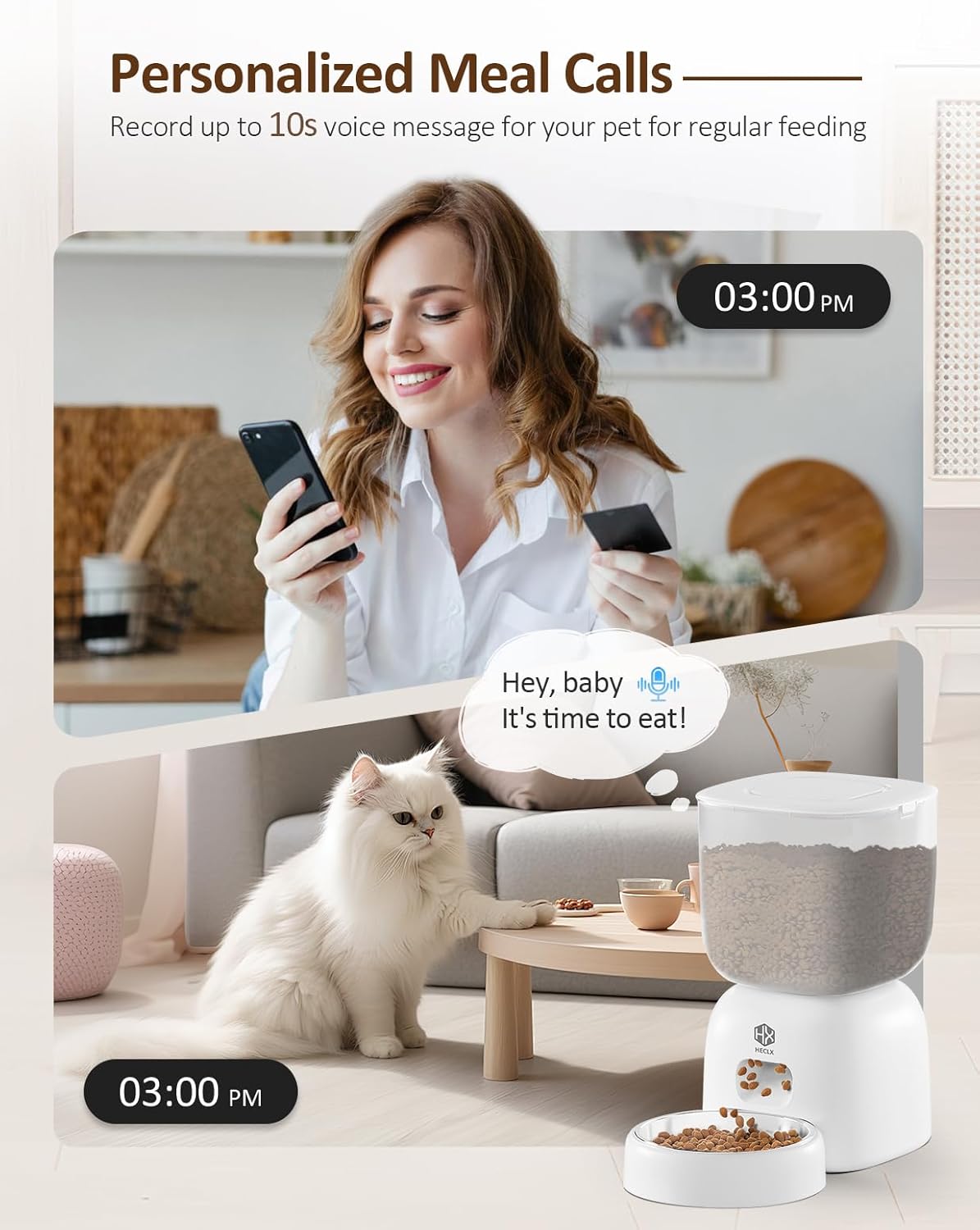 Automatic Cat Feeder with 3L Dry Cat Food Dispenser and 2L Water Fountain, Timed Dog Feeder with Portion Control and Daily Meals, Wire/Battery Automatic Feeders in White