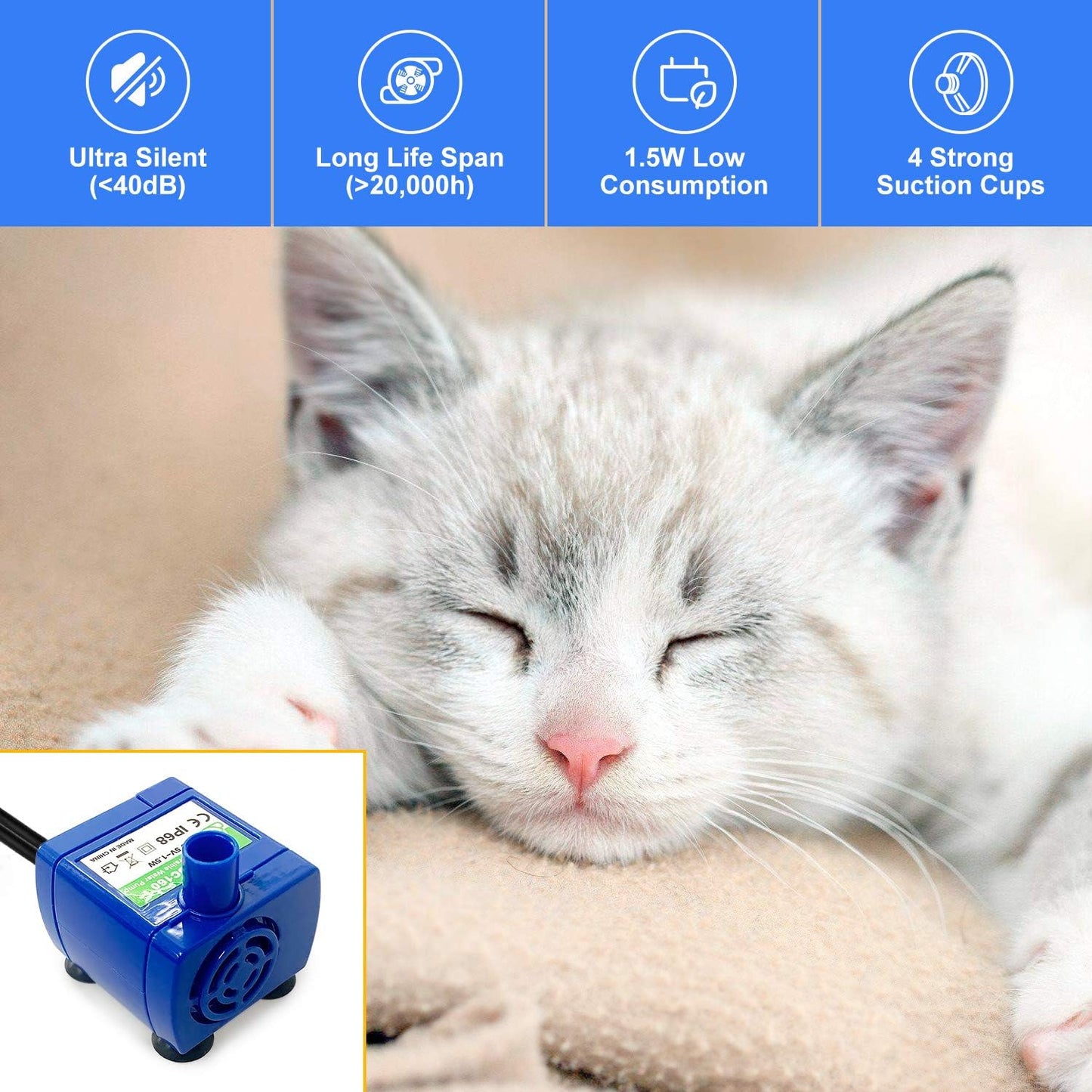 Cat Water Fountain Pump, Replacement Pet Fountain Pump DR-DC160 Motor for 360° Stainless Steel Cat Fountain, Cupcake Ceramic Cat Drinking Fountain, Plastic Water Dispenser