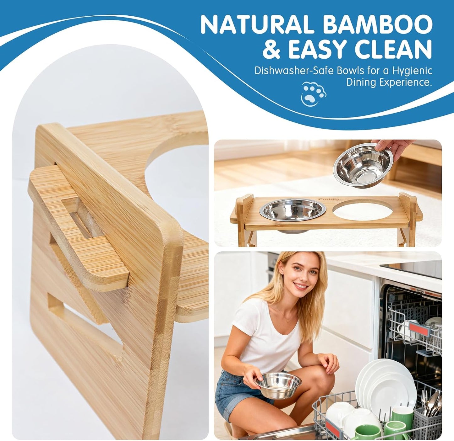 Elevated Dog Bowls for Small Dogs and Cats - 3 Heights Adjustable Bamboo Raised Pet Food Bowl Stand with Spill-Proof Non-Slip Mat, 2 Stainless Steel Dishes, 15° Tilted Ergonomic Feeder