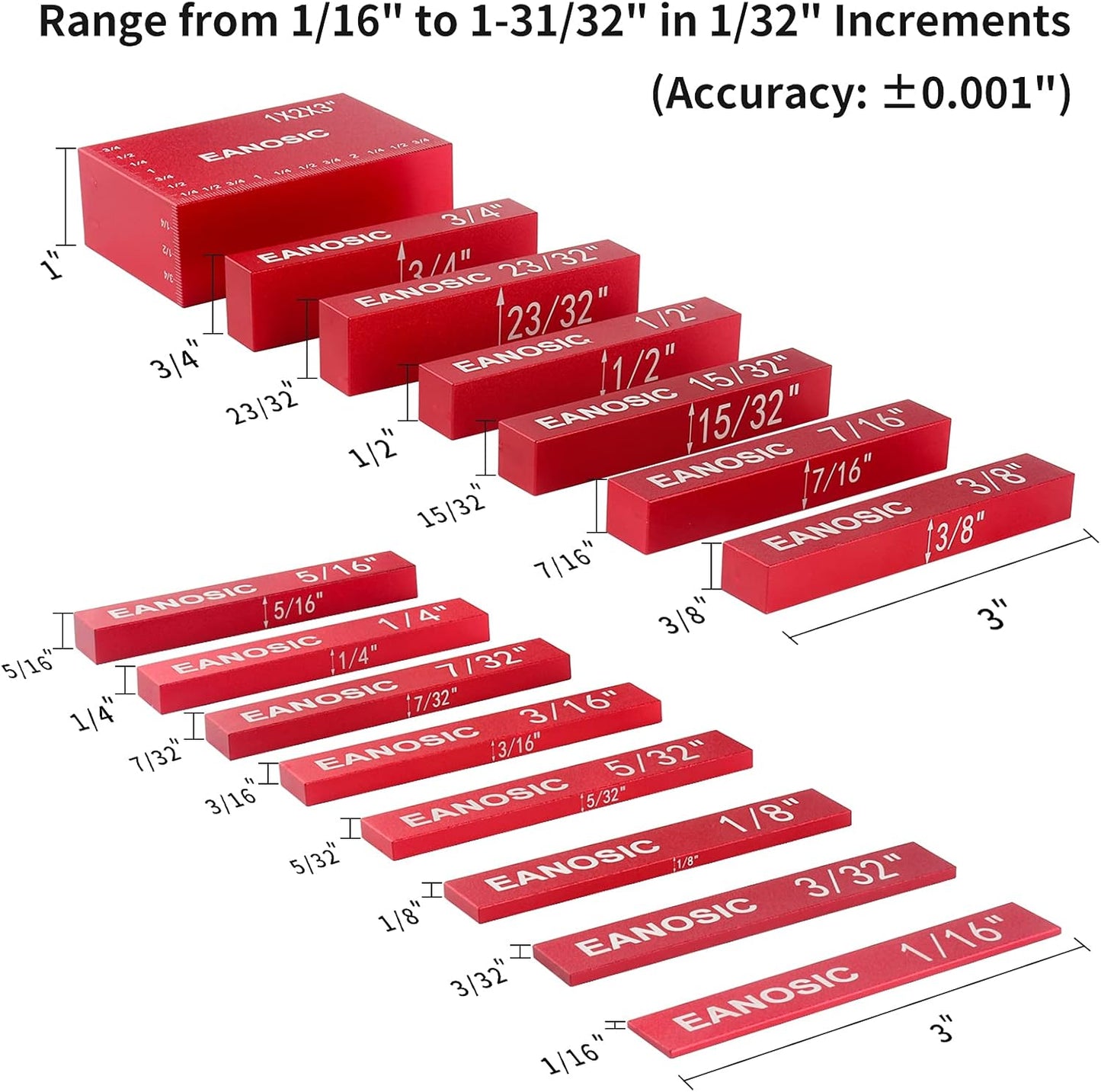 Setup Blocks Height Gauge Set, 15pcs Precision Aluminum Setup Bars for Router and Table Saw Accessories Woodworking Set Up, Bars Include Laser Engraved Size Markings