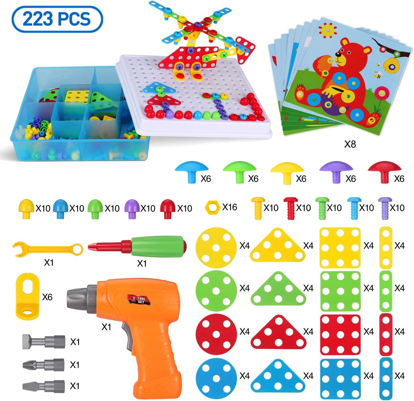 Haifeng 223 Pieces Kid Screwdriver Toy, Greative Drill Set, STEM Building Montessori Play Toolbox, Game Activities Center for Kids Ages 3-10 Years Old