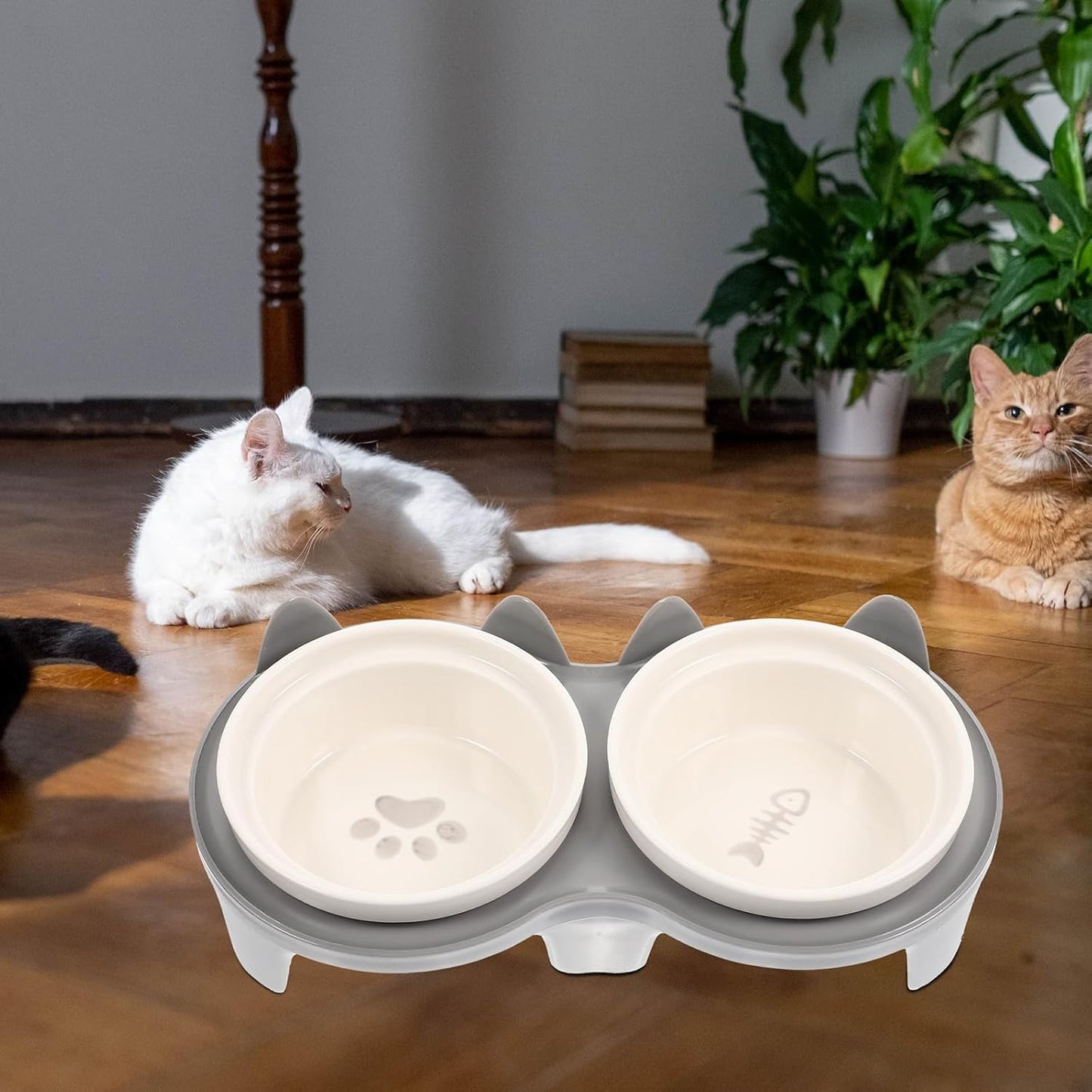 FAVOMOTO Ceramic Cat Feeding Bowl Set Elevated Tilted Double Bowls with Thick Gray Ceramic and Sturdy Stand for Whisker Relief Household Pet Feeding Supplies