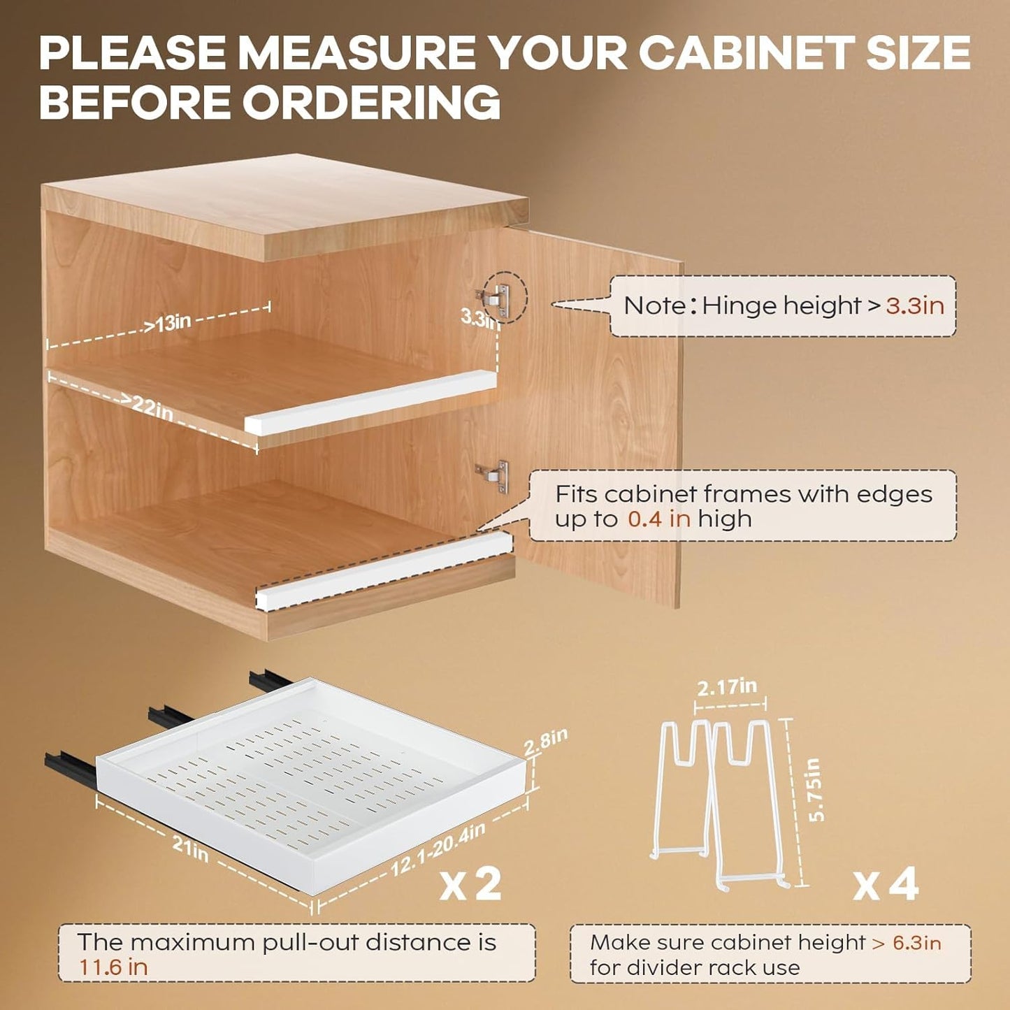 2 Pack Pull out Cabinet Organizer 21"Deep With Raising Pad for Framed Cabinets, Expandable Slide out Drawers for Kitchen Cabinets with 4pcs Divider Racks, Roll out Shelves 12.1"-20.4" W White