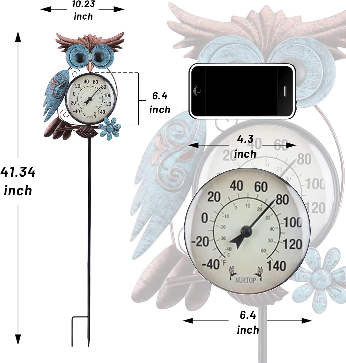 MUMTOP Outdoor Thermometer, 42 Inch Metal Owl Garden Stake Outside Wall Thermometer for Patio, Yard and Garden