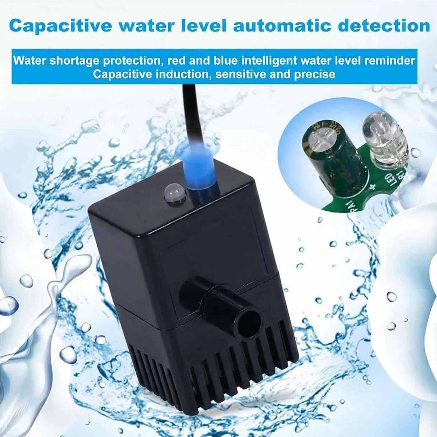 Black Replacement Pump for Cat Dog Pet Water Fountain, Ultra Quiet, Capacitive sensing red and blue light intelligent low water level reminder, 3.3 ft USB cable