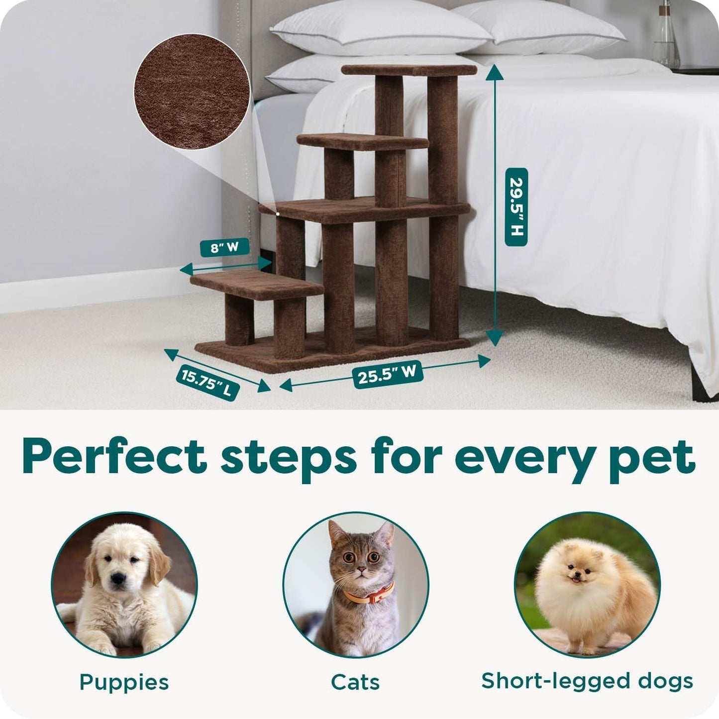 Furhaven Steady Paws Multi-Step Pet Stairs for High Beds & Sofas - Brown, 4-Step