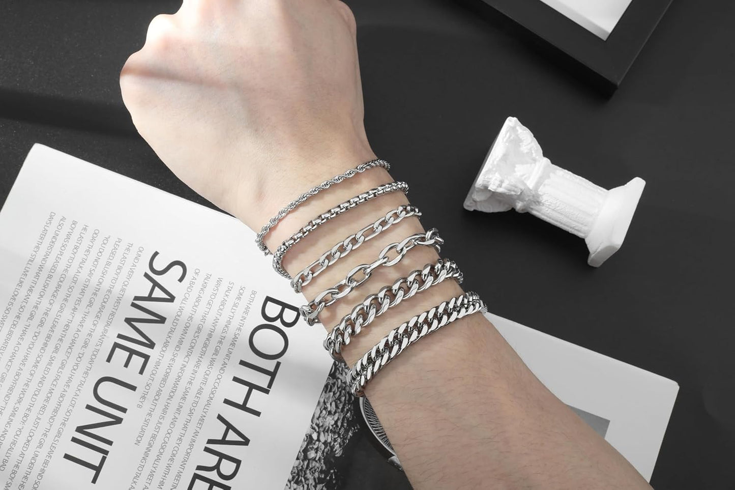 XIANNVXI 6pcs Stainless Steel Bracelets for Men Women Silver/Gold/Black Cuban Link Rope Paperclip Chain Bracelets Set 6.5/7/7.5/8.3/9 Inches Metal Bracelet Mens Fashion Accessories Jewelry Set