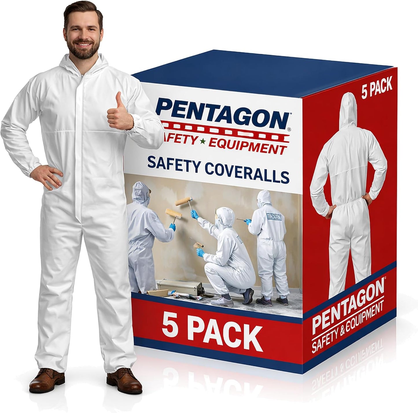 PENTAGON SAFETY EQUIPMENT Disposable Overalls, Full-Coverage Hazmat Suit with Hood, White Coveralls for Work & DIY Men/Women.