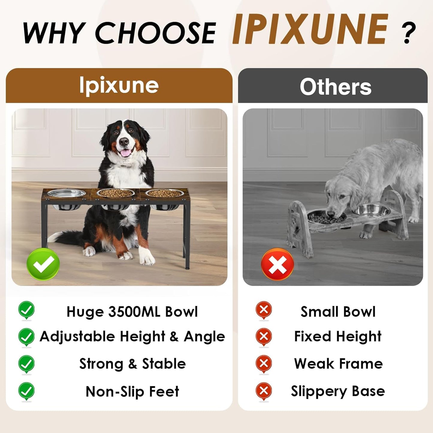 Elevated Dog Bowls Stand for Large Dogs - 3 Bowl Dog Feeder with Adjustable Height & Tilt, Stainless Steel Bowls & Wood Tray for Large Breeds, Triple Bowl Feeding Station, 3500ML*3 Capacity