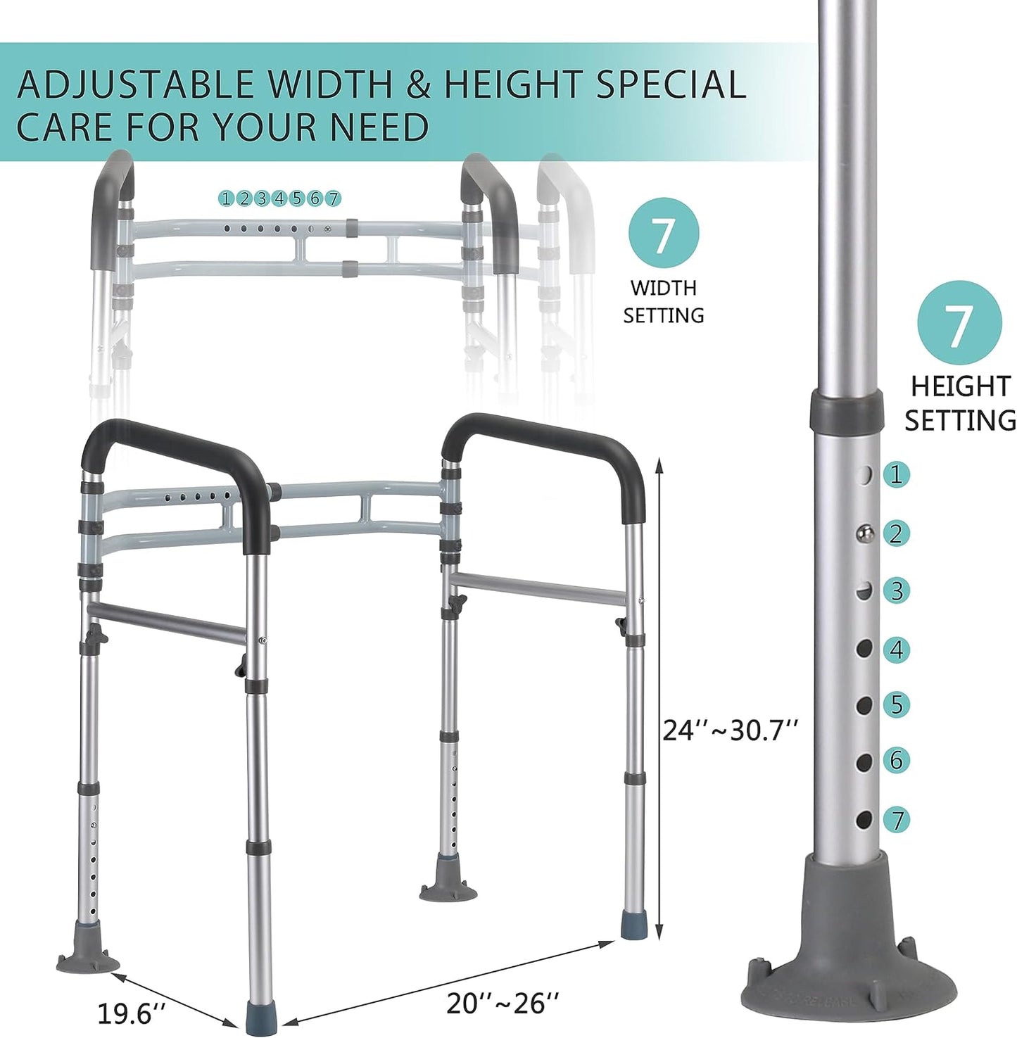 Toilet Safety Rails, Adjustable Toilet Frame for Elderly, Seniors, Handicap & Disabled, Foldable Handicap Toilet Handles Fit Any Toilets (Gray)
