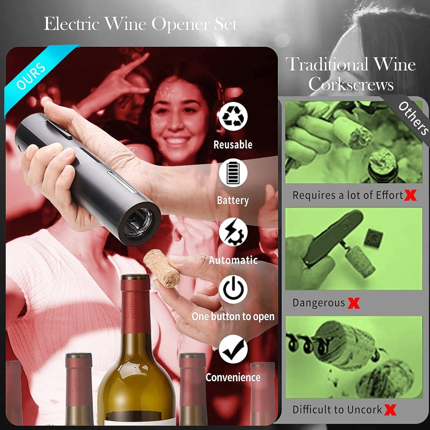 Electric Wine Opener Set, A 4-in-1 Multifunctional Wine Accessory Kit, including an Automatic Corkscrew Opener, Rechargeable Wine Bottle Openers, Foil Cutter, Wine Aerator Pourer, and Vacuum Stoppers