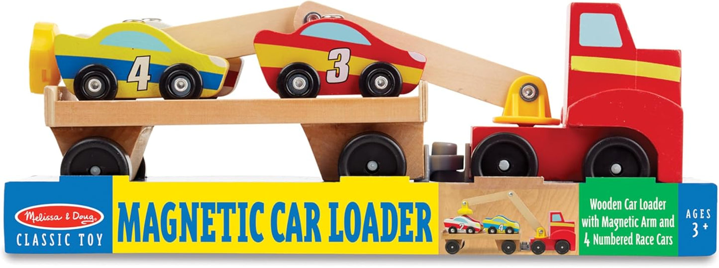 Melissa & Doug Magnetic Car Loader Wooden Toy Set with 4 Cars and 1 Semi-Trailer Truck Crane Wooden Toy, Vehicle Toys for Kids Ages 3+