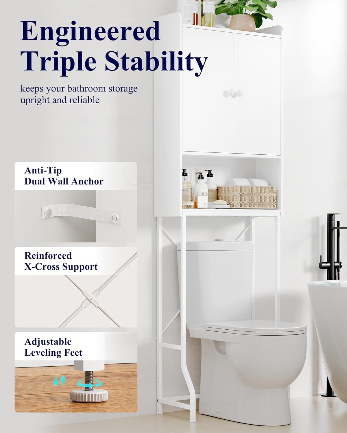 Kitsure Over The Toilet Storage Cabinet - 3 Tier Bathroom Organizers and Storage Solution with Adjustable Shelf & Bottom Bar, Anti-Tip Bathroom Storage Cabinet, White, 3 Tiers (68.1" H)