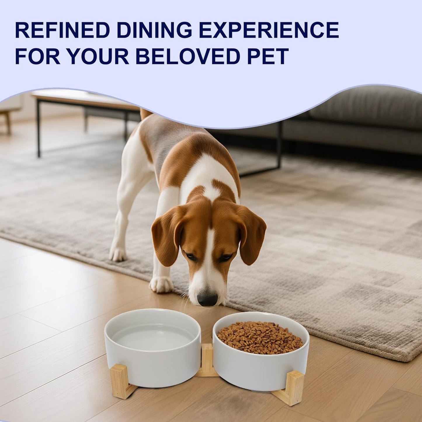 Dog Food Bowl, 13.5 oz Ceramic Food and Water Bowls for Dogs, Pet Dishes Set with Wood Stand, for Small Size Dog and Cat, No Spill Feeding Station with Weighted Base, Grey