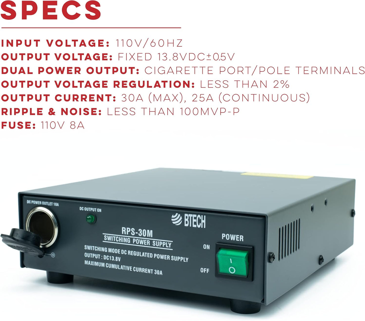 BTECH RPS-30M 30 Amp Compact Regulated Bench Power Supply - 13.8V AC-to-DC Converter with Screw Terminals & Cigarette Plug Output