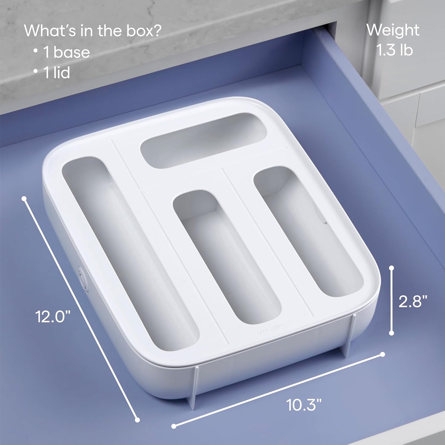 YouCopia StoraBag Drawer Food Bags Dispenser, 4-Slot, Plastic Sandwich Bag Organizer for Kitchen Storage, White