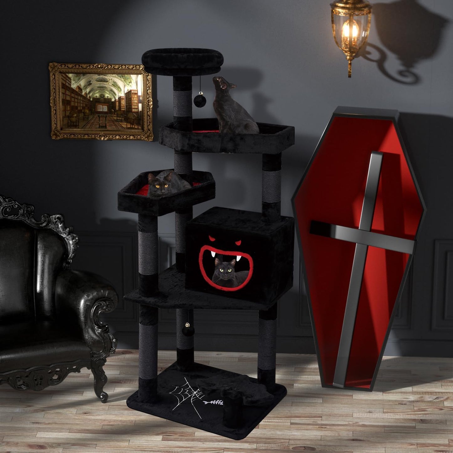 Gothic Cat Tree with Coffin Bed，62.5" Black Cat Tower with Spacious Demon Styled Cat Condo，Cozy Plush Perch, Scratching Posts，Hanging Ball，Multi-Level Cat Activities Furniture for Large Cats
