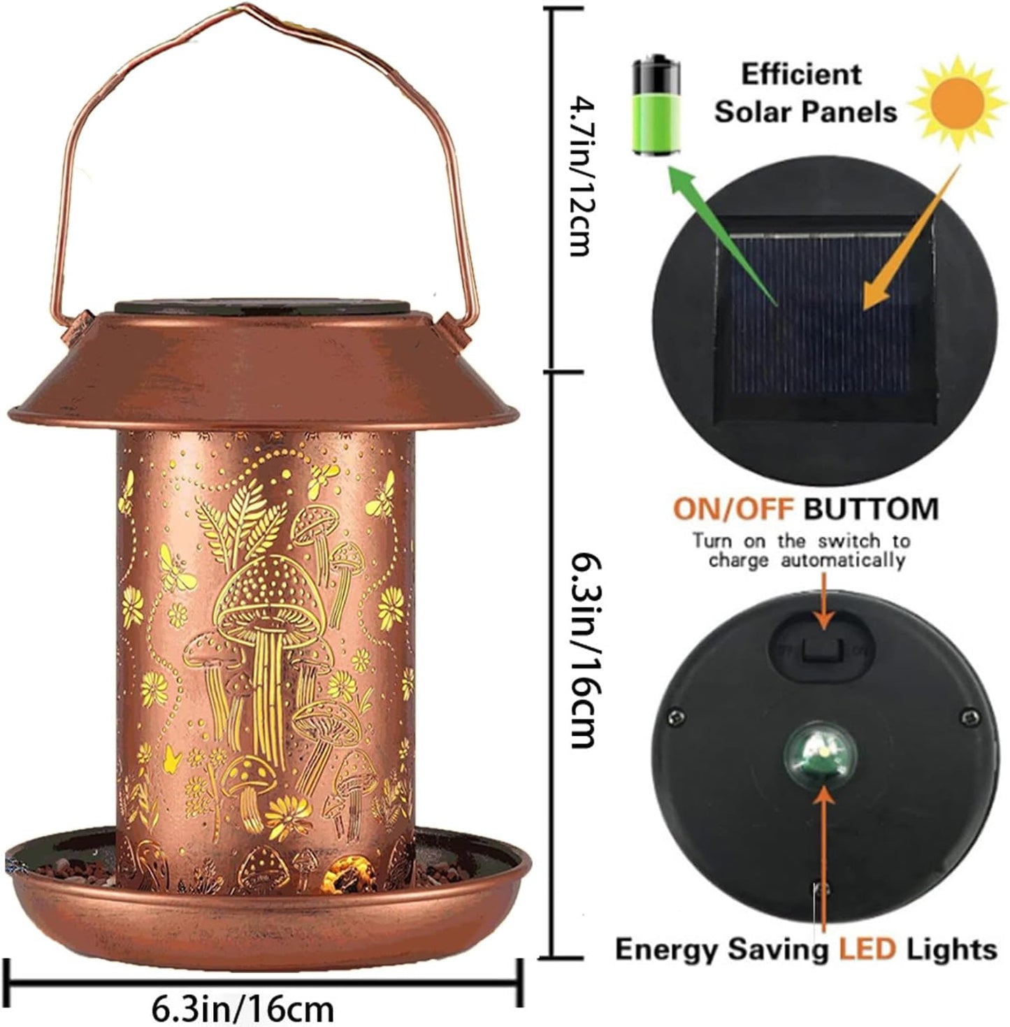 Solar Bird Feeder,Metal Wild Bird Feeders for Outdoor Hanging, Waterproof Outside Large birdfeeders for Cardinals,Mushroom Shaped Solar Garden Decor Lantern as Gift for Bird Lovers