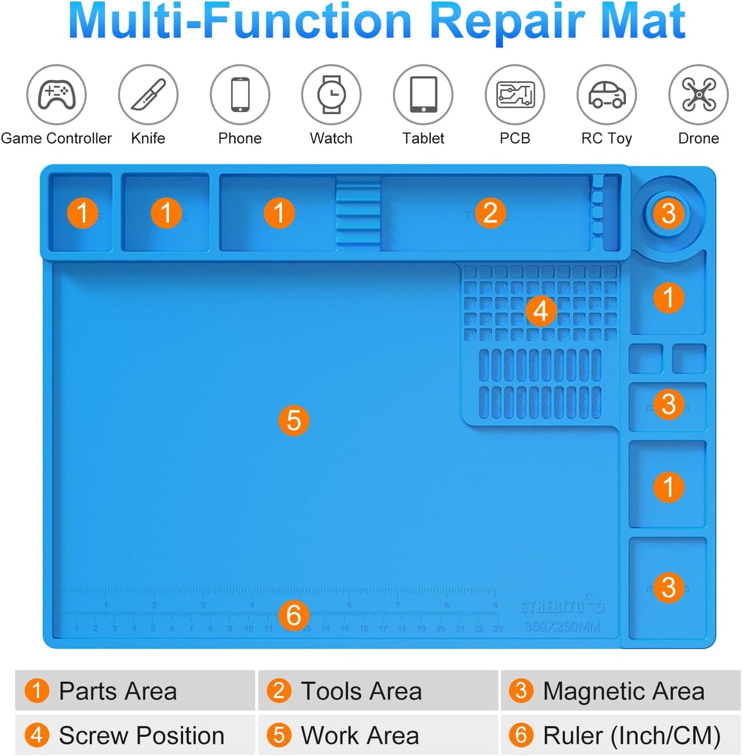 STREBITO Soldering Mat Electronics Repair Mat, Silicone Work Mat Heat Resistant 932°F, Magnetic Mat for Screws and Tools, Solder Mat Silicone Pad for Watch, Phone, Eyeglass, Knife, Size 13.8 "x 9.9"