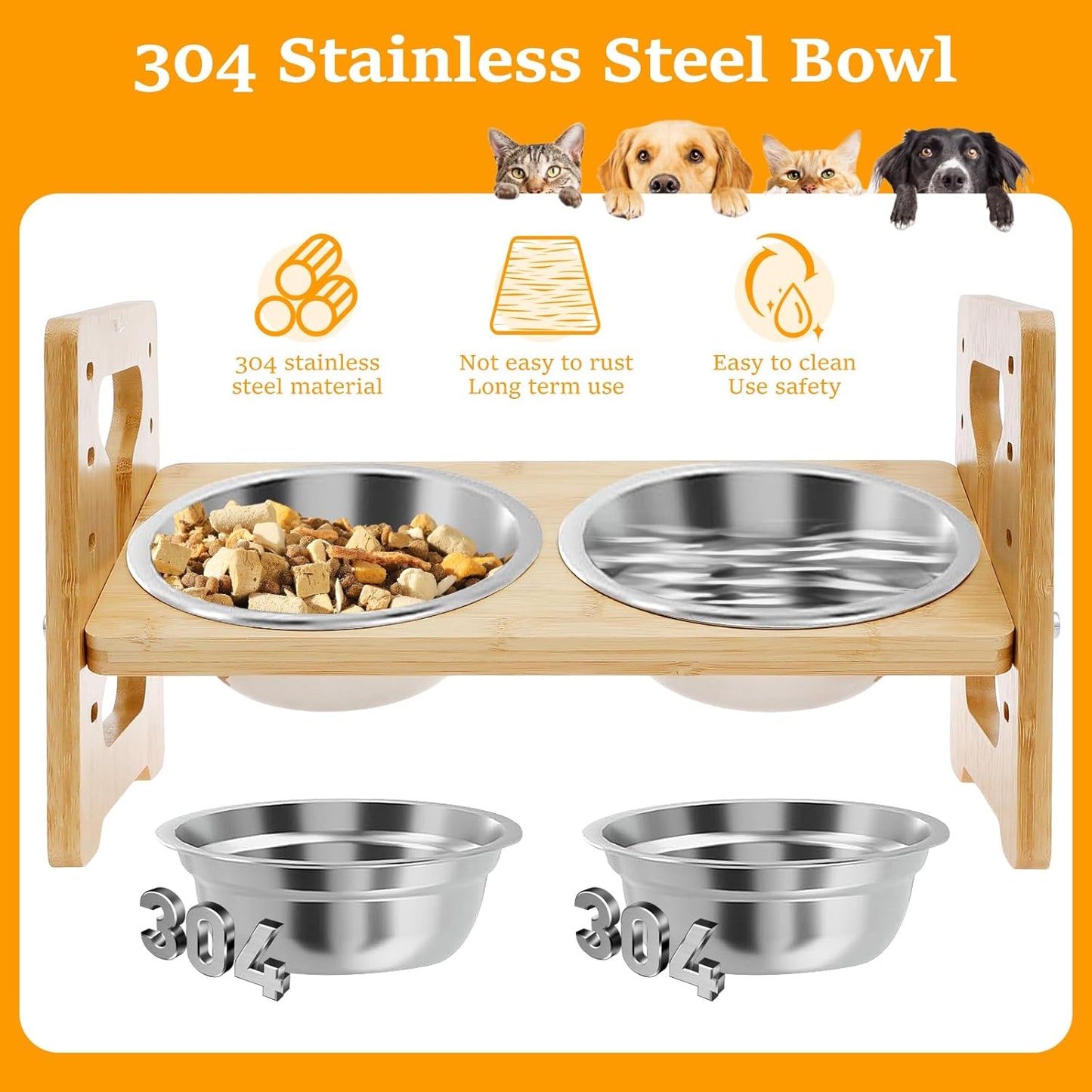 Elevated Dog Bowls - Flexible Adjustable Dog Bowl Stand for Small Medium Dogs & Cats | 6'' Diameter Double Bowls & Non-Slip Foot Pads & Removable Stand