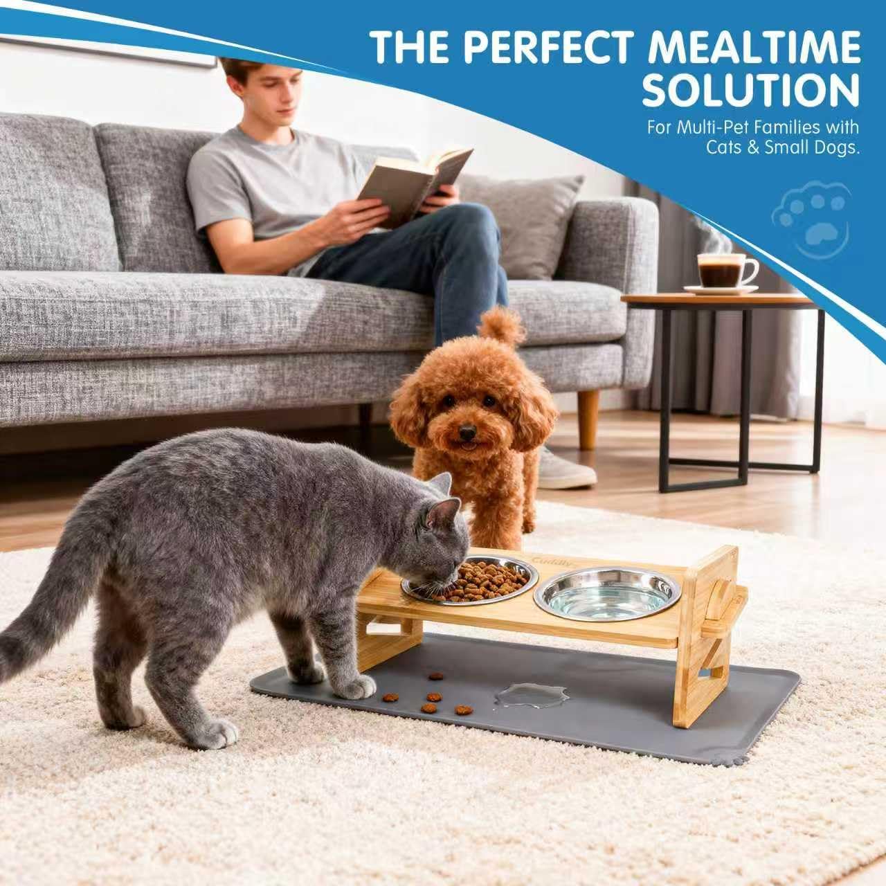 Elevated Dog Bowls for Small Dogs and Cats - 3 Heights Adjustable Bamboo Raised Pet Food Bowl Stand with Spill-Proof Non-Slip Mat, 2 Stainless Steel Dishes, 15° Tilted Ergonomic Feeder