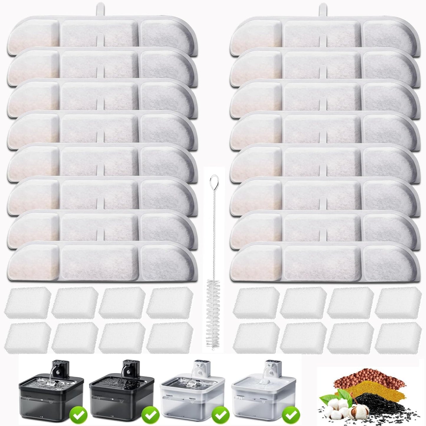 16 Packs Replacement Filters Compatible with Fursink Pet Water Fountain, Filter Replacement for Downy Paws 84oz/2.5L Wireless Cat Water Fountain DPWFP6 with 16 Pump Sponges and 1 Hard Brush