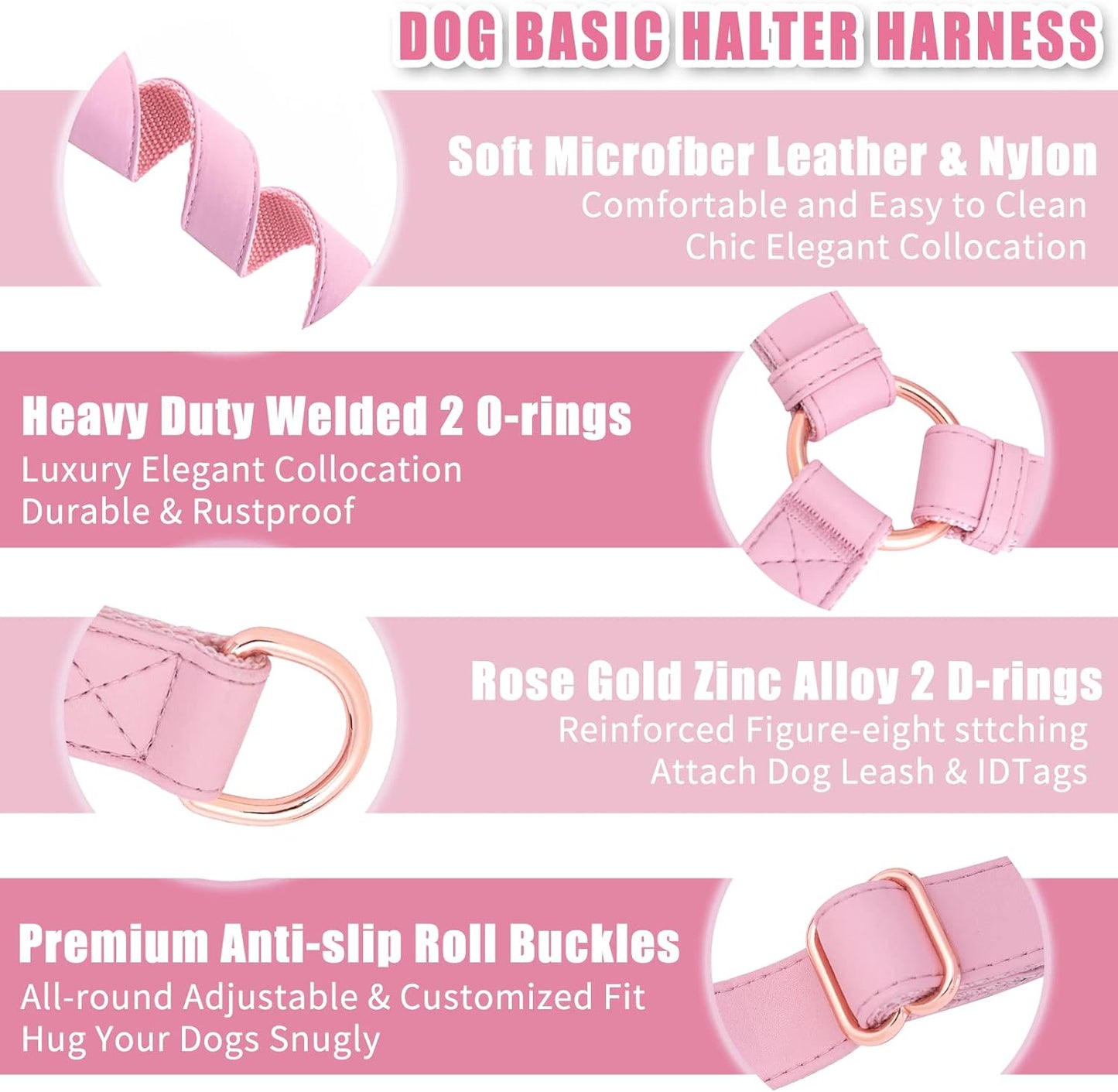 Soft Leather No Pull Dog Harness - Adjustable Step in Dog Harness with Rose Gold Heavy Duty Metal Buckle, Freedom Nylon Dog Halter Vests for Small Medium Large Dogs Easy Walking Training (Pink,L)