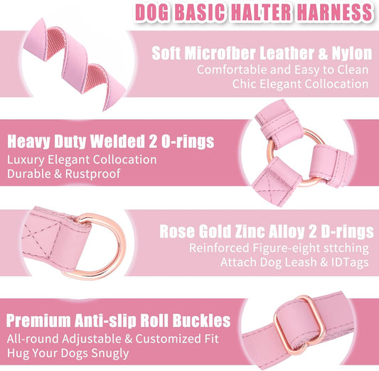Soft Leather No Pull Dog Harness - Adjustable Step in Dog Harness with Rose Gold Heavy Duty Metal Buckle, Freedom Nylon Dog Halter Vests for Small Medium Large Dogs Easy Walking Training (Pink,L)