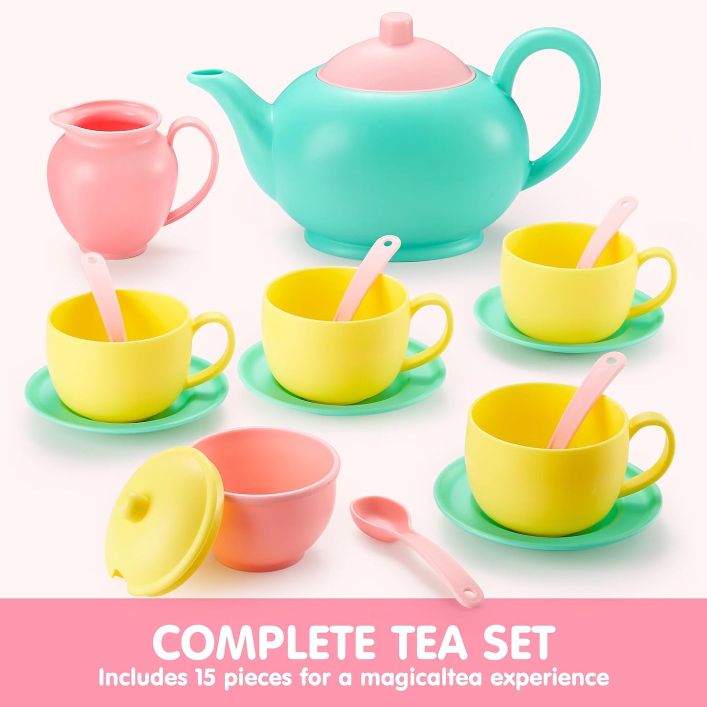 JOYIN 18PCS Pretend Tea Party Set Play Food Accessories BPA Free, Phthalates Free, Plastic Tea Set, Mini Kitchen for Kids, Gifts for Toddler Boys Girls, Easter Birthday Gifts